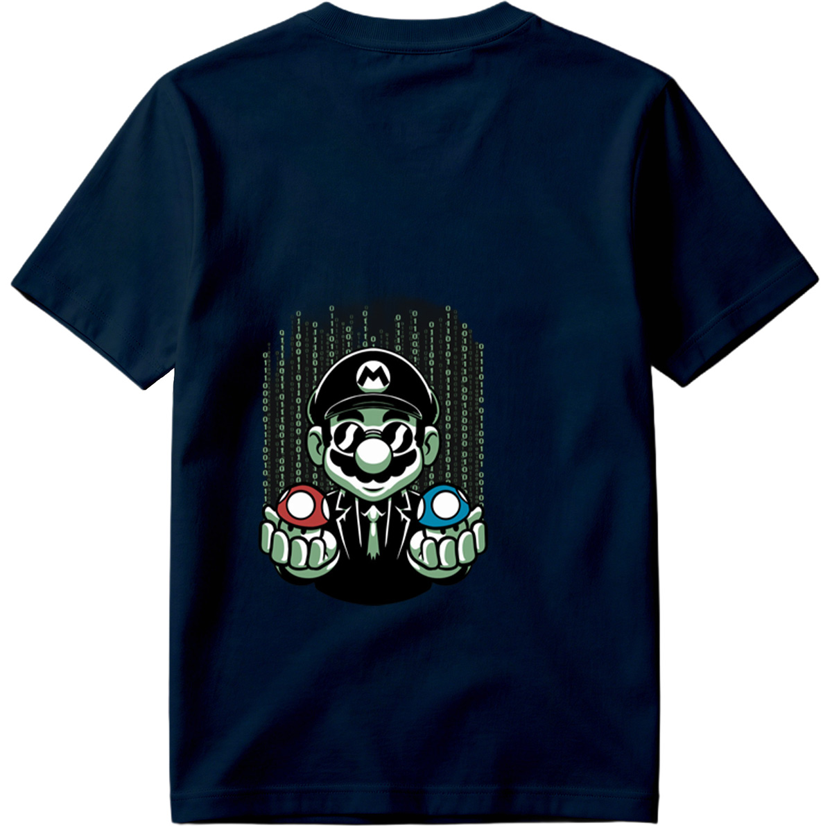Mario in Matrix Code with Red and Blue Mushrooms - Tee