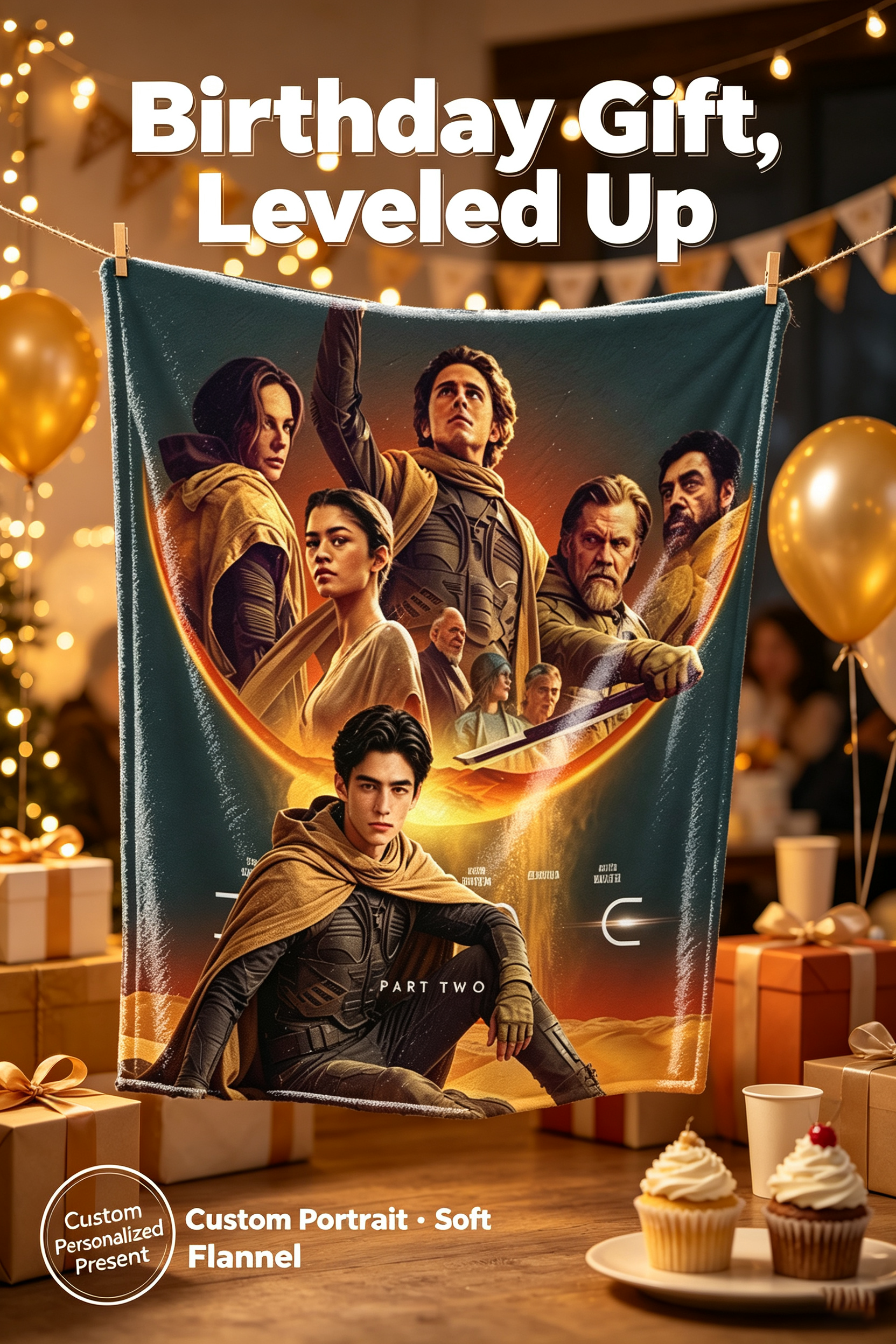 Custom Face Blanket Dune Part Two Flannel Blanket Movie Poster Design Desert Theme Cozy Throw Blanket Perfect for Fans Home Decor Gift or Giveaway