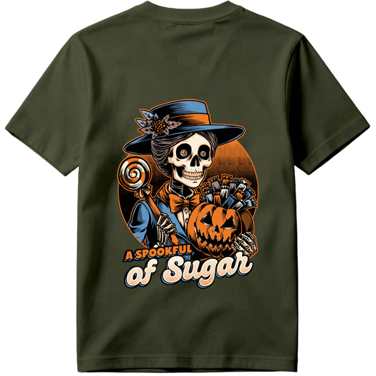A Spookful of Sugar: Skeleton Lady with Pumpkin and Candy - Tee