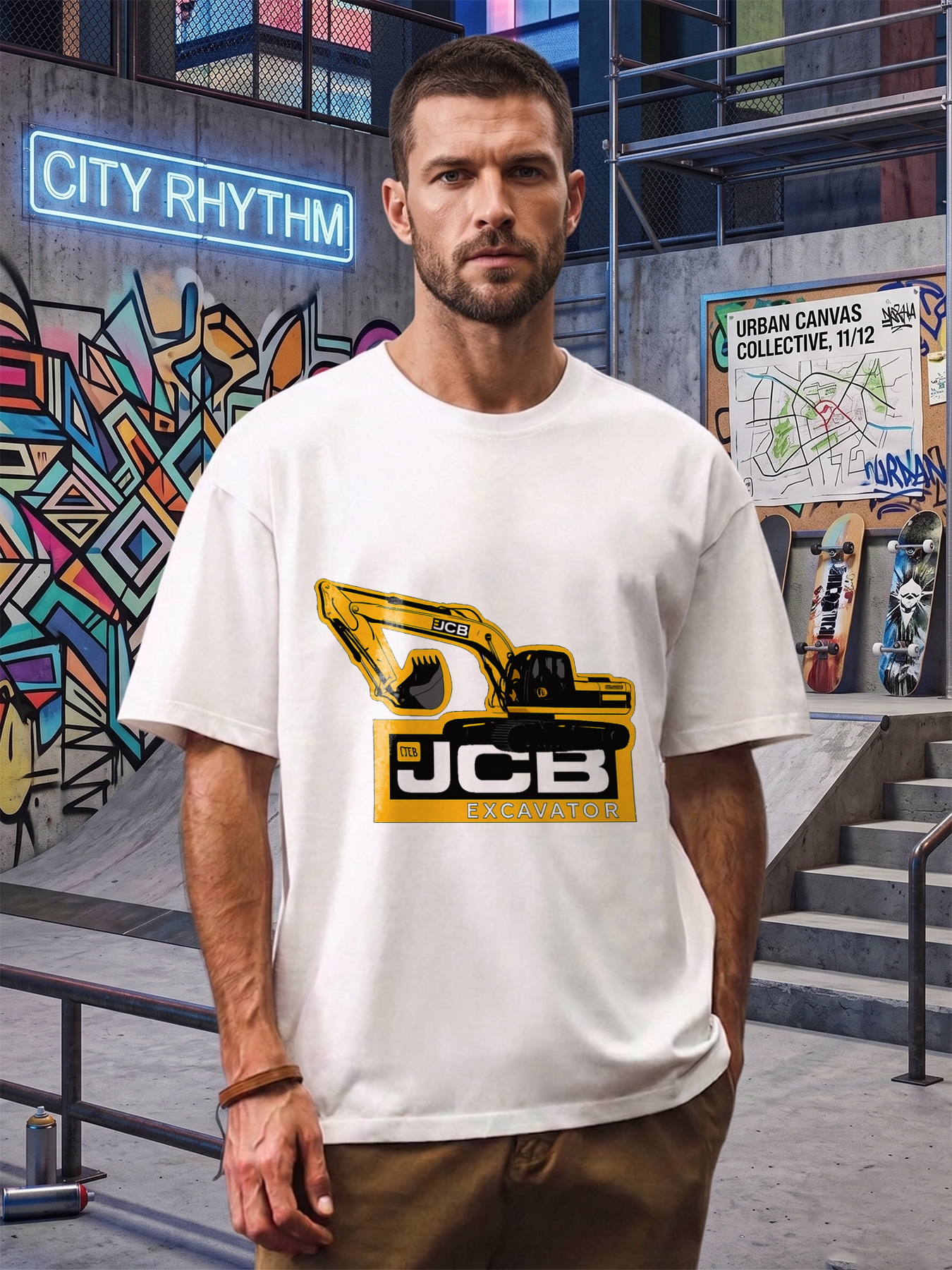 Men's JCB Excavator Print T-Shirt Construction Equipment Graphic Casual Round Neck Summer Lightweight Breathable Short Sleeve Tee for Outdoor Work and Leisure Enthusiasts