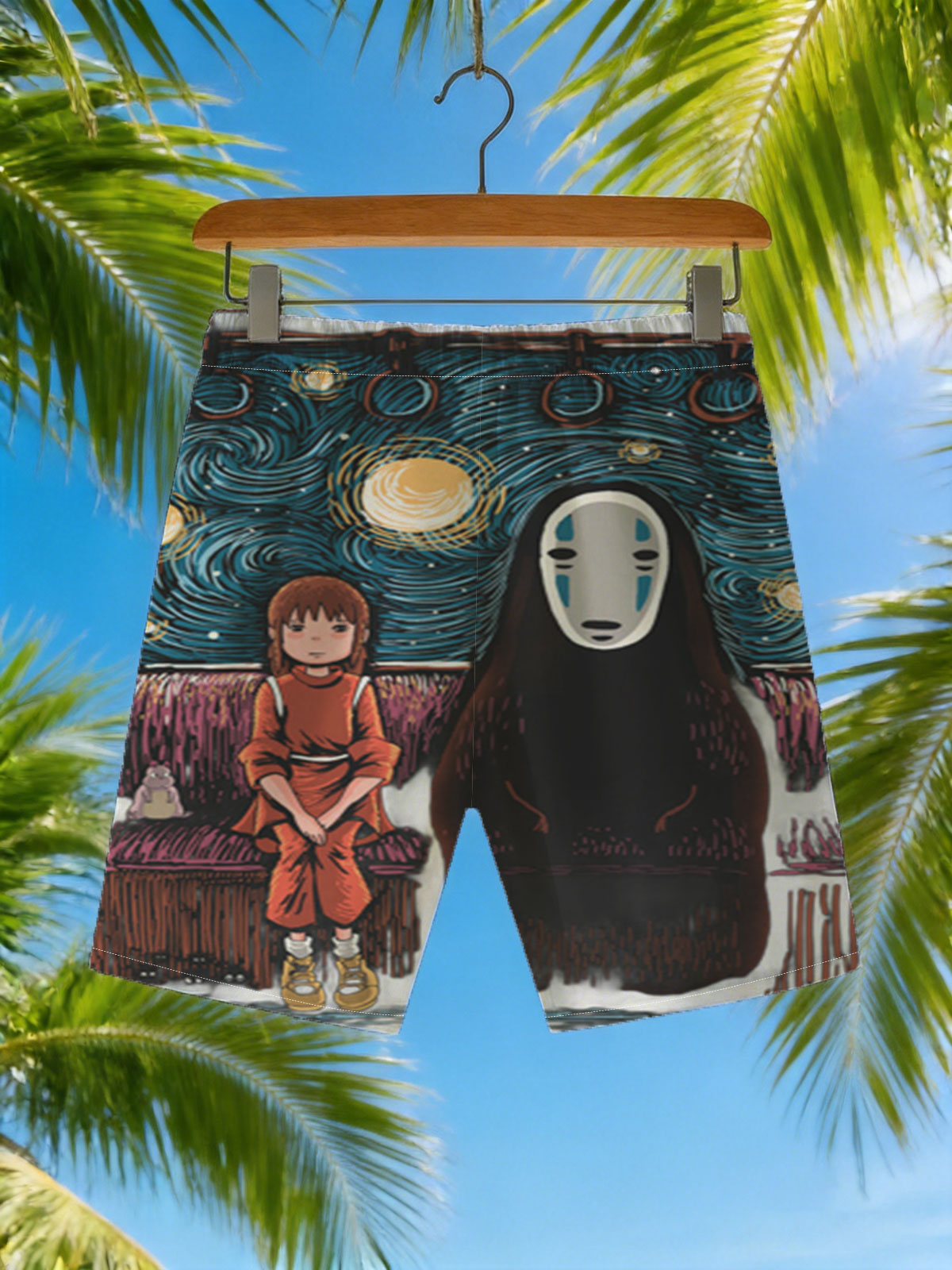 Chihiro and No-Face in a Starry Night Setting -  Beach shorts