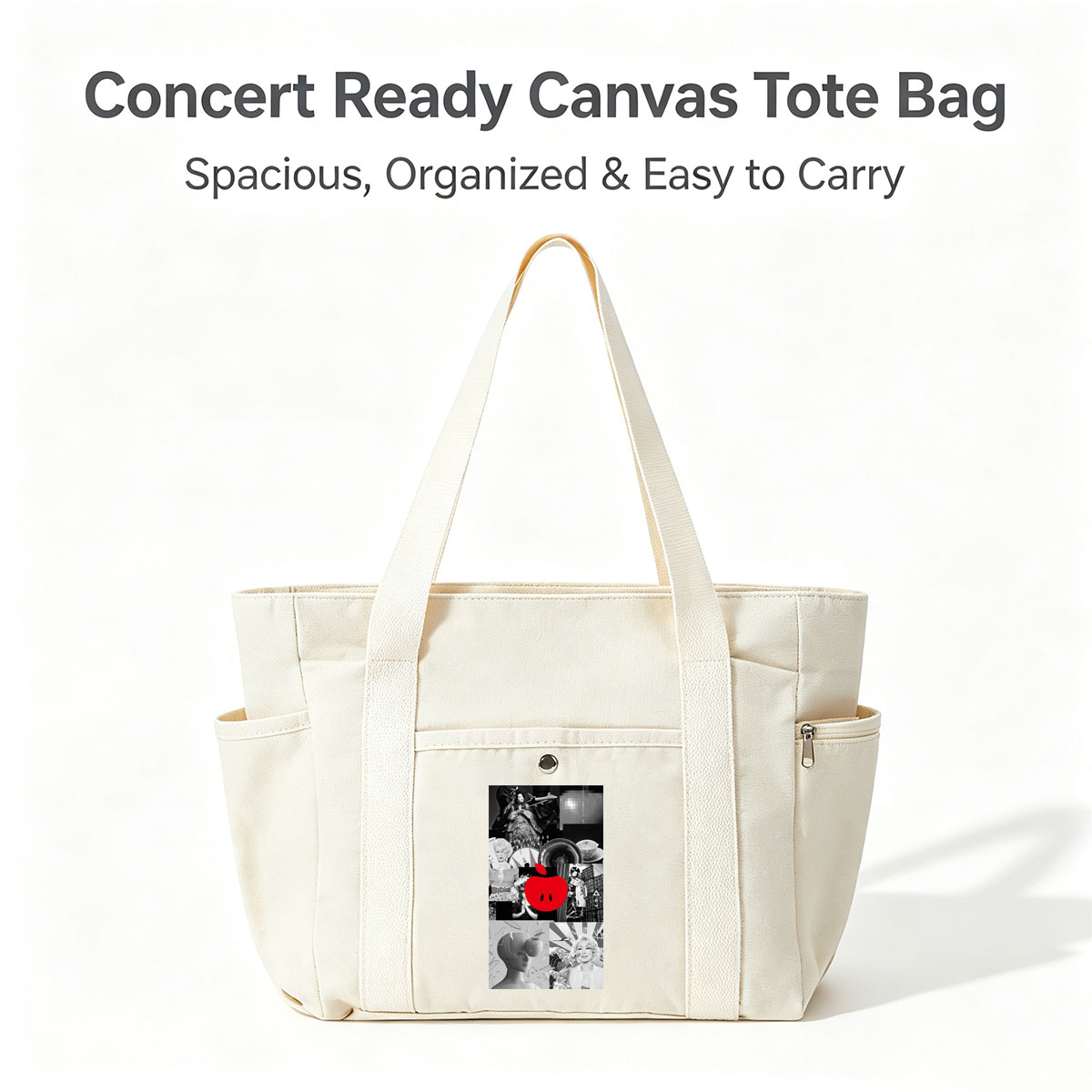 Ringo Sheena in a Retro-Futuristic Collage Featuring Black-and-White Portraits, Vinyl Records, and a Bold Red Apple Logo - Multi-pocket bags