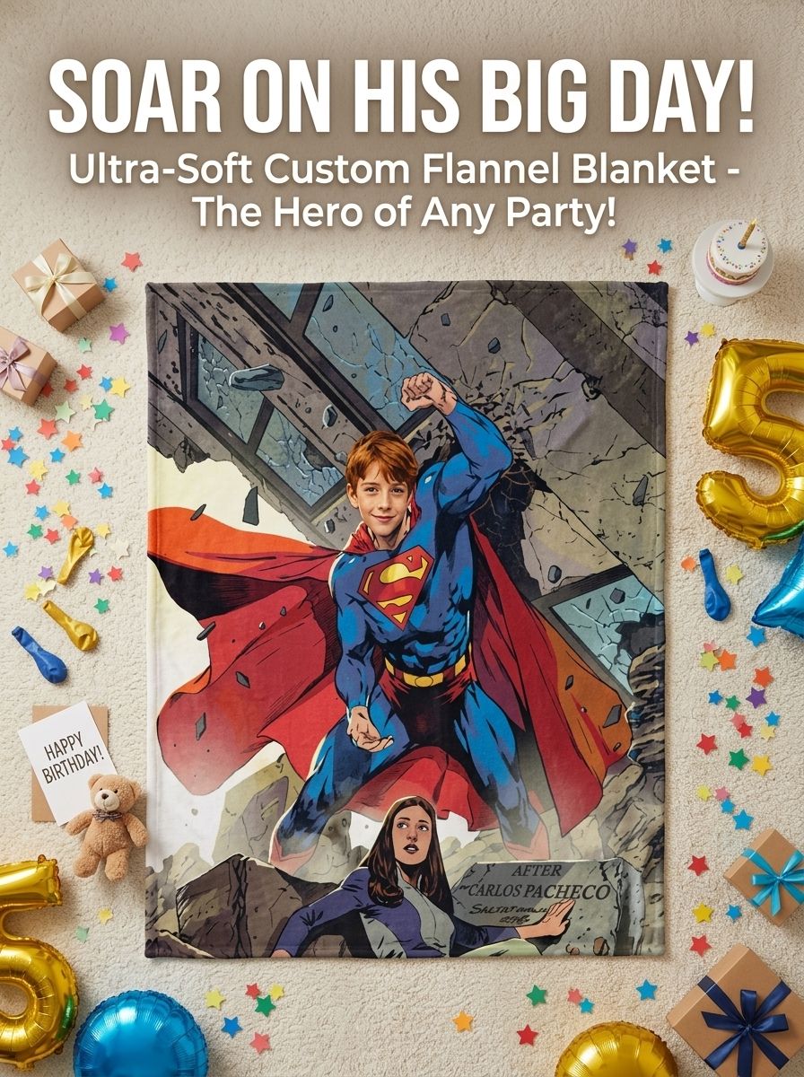 Custom Photo Superhero Flannel Fleece Blanket, Personalized Comic Character Face Throw for Kids and Adults