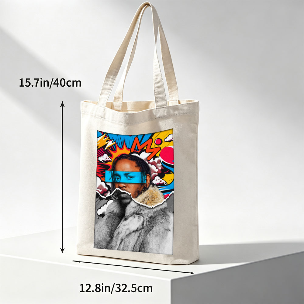 Kendrick Lamar in a Fur Coat with Comic-Style Background and Blue Eye Mask - Canvas tote bags