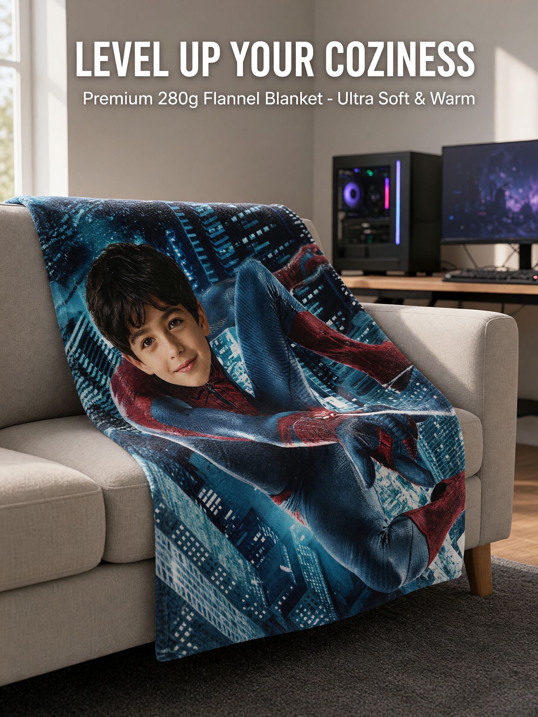 Personalized Superhero Face Photo Blanket, Soft Flannel Fleece Throw, Ideal Custom Gift for Bed and Couch