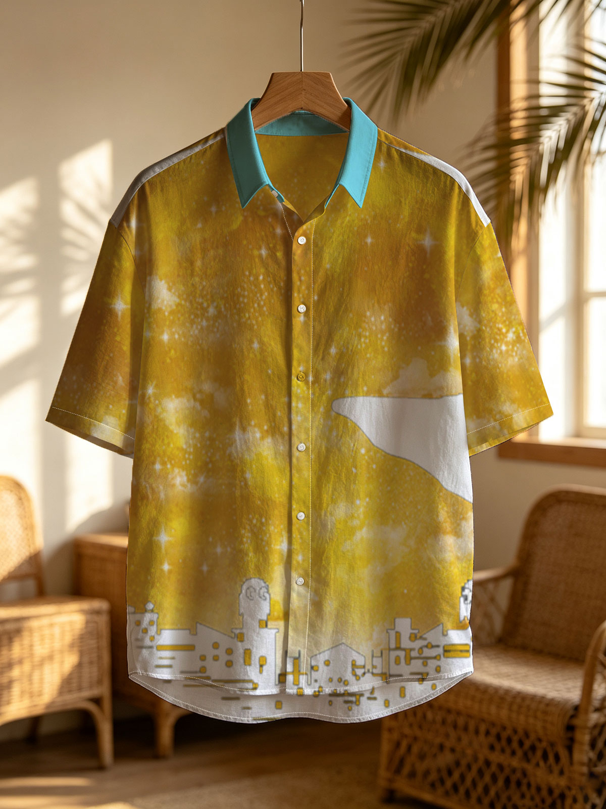 City Silhouettes Under a Golden Moon with Starry Sky -  Shirt