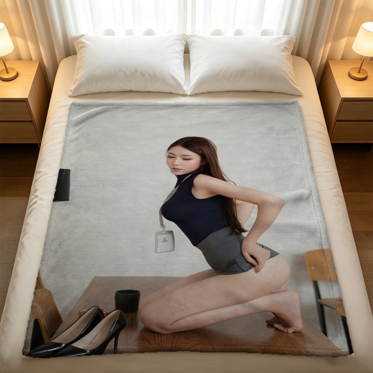 A beautiful Chinese actress in sheer golden and blue lingerie lying on a luxurious bed. - Blanket