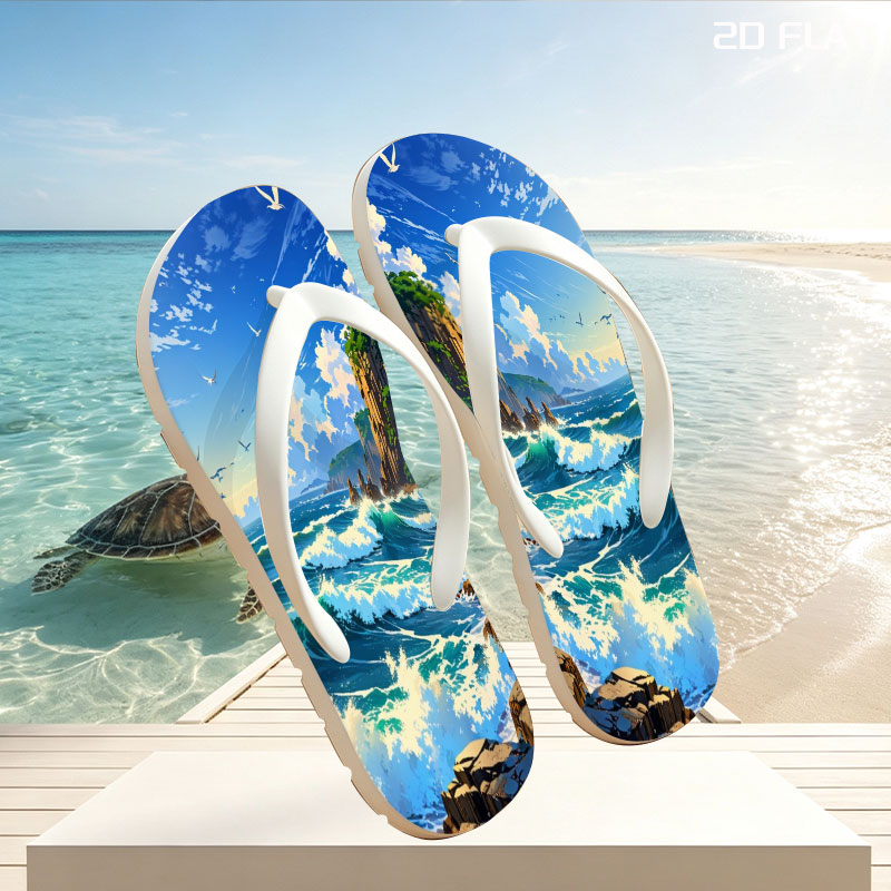 Ocean Waves Crashing Against Rocky Coastline Under Blue Sky -  flip-flops
