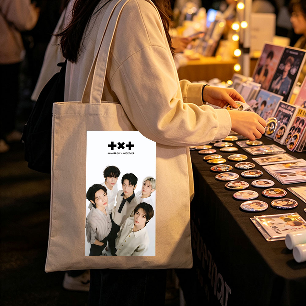 Tomorrow X Together Group Portrait in Minimalist White Outfits on Clean Background - Canvas tote bags