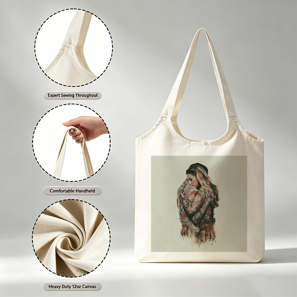 Madonna Hugging Herself in a Tattooed Embrace Artistic Portrait - Canvas shoulder bags/