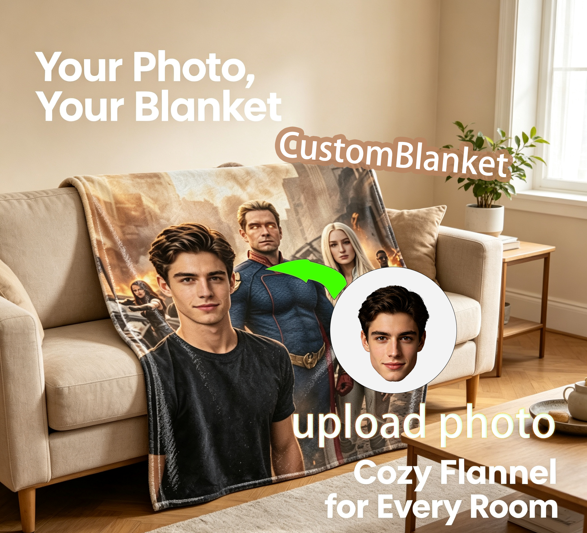 Custom Face Blanket Featuring The Boys Superhero Team in City Battle Scene Flannel Blanket Perfect for Fans and Cosplay Enthusiasts Ideal Gift or Giveaway for Movie Lovers