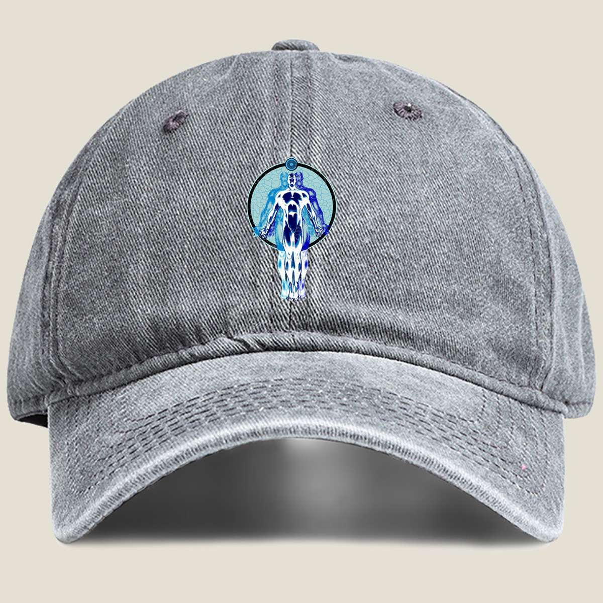 Blue Human Figure in Circular Frame - Washed Denim - Baseball Cap