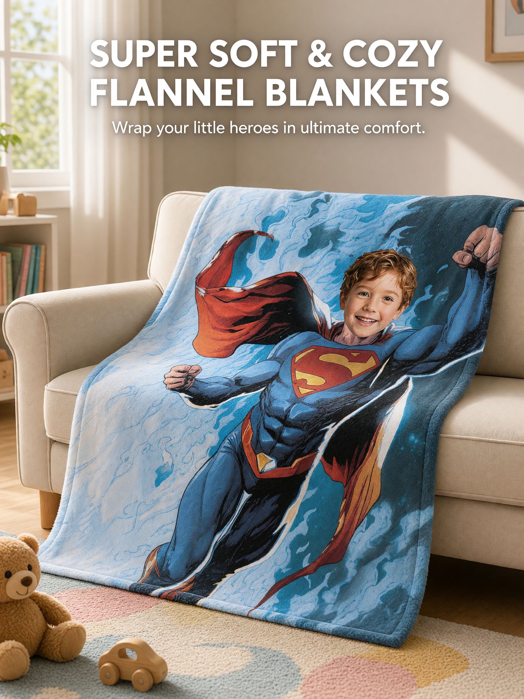 Custom Face Superhero Throw Blanket Soft Anti-Pilling Flannel Personalized Photo Fleece Blanket for Kids and Adults
