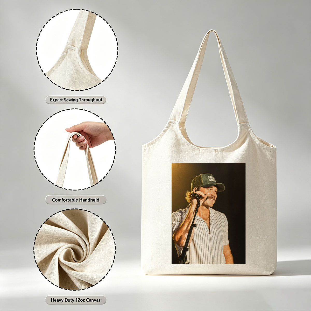 Luke Bryan Performing on Stage with Microphone and Hat - Canvas shoulder bags/
