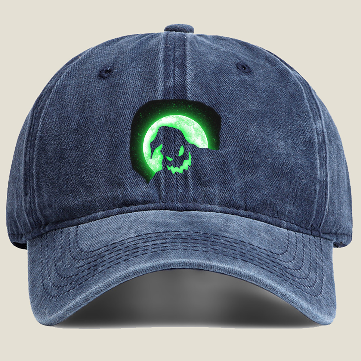 Pumpkin Head Silhouette Against Green Moon - Washed Denim - Baseball Cap
