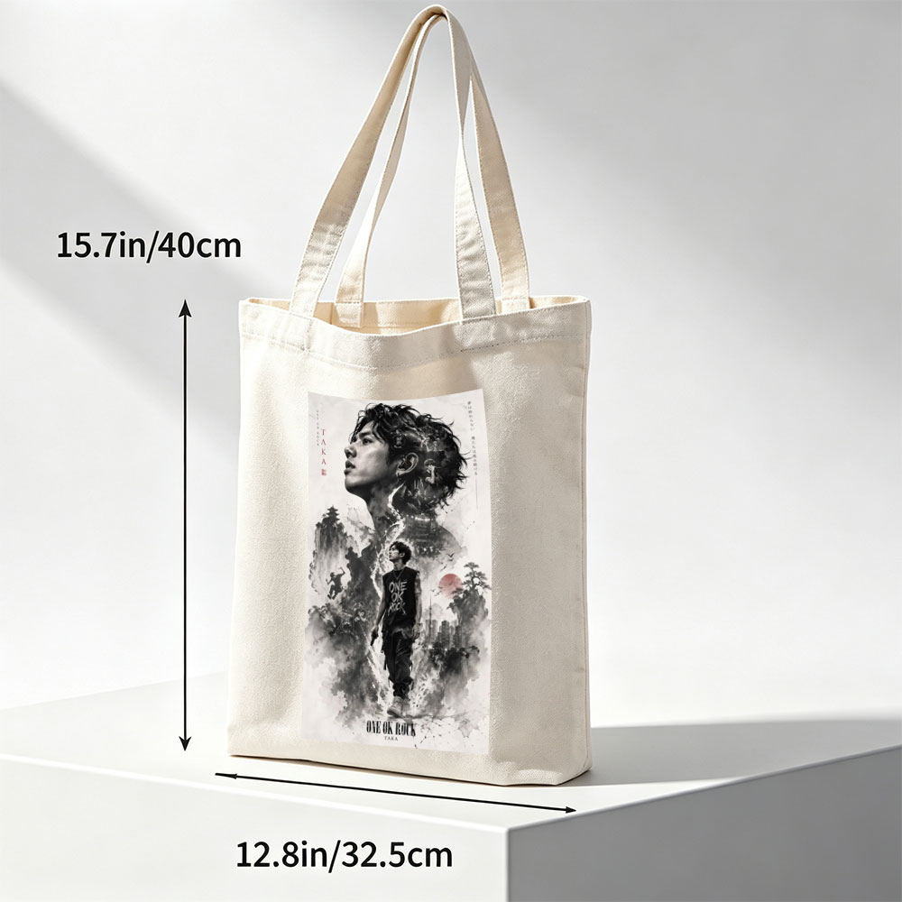 ONE OK ROCK TAKA in a Dramatic Monochrome Portrait with Traditional Japanese Landscape and Urban Elements - Canvas tote bags