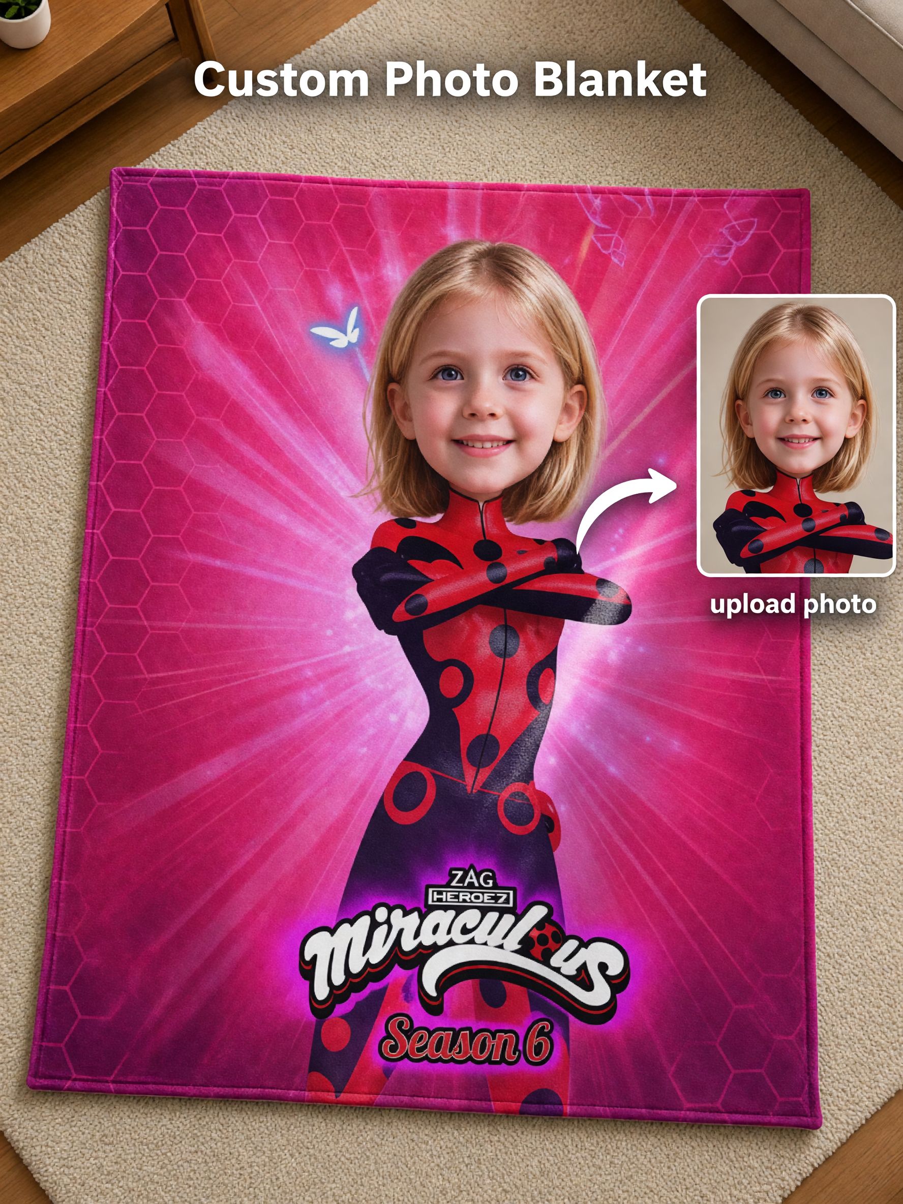Custom Face Photo Flannel Fleece Blanket, Personalized Superhero Girl Throw, Soft Skin-Friendly Birthday Gift