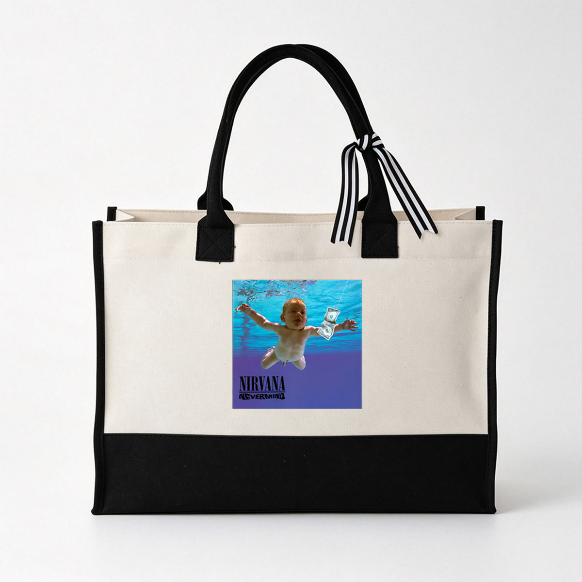 Nirvana - Nevermind Album Cover: Baby Underwater Reaching for Dollar Bill - Canvas patchwork gift tote bag