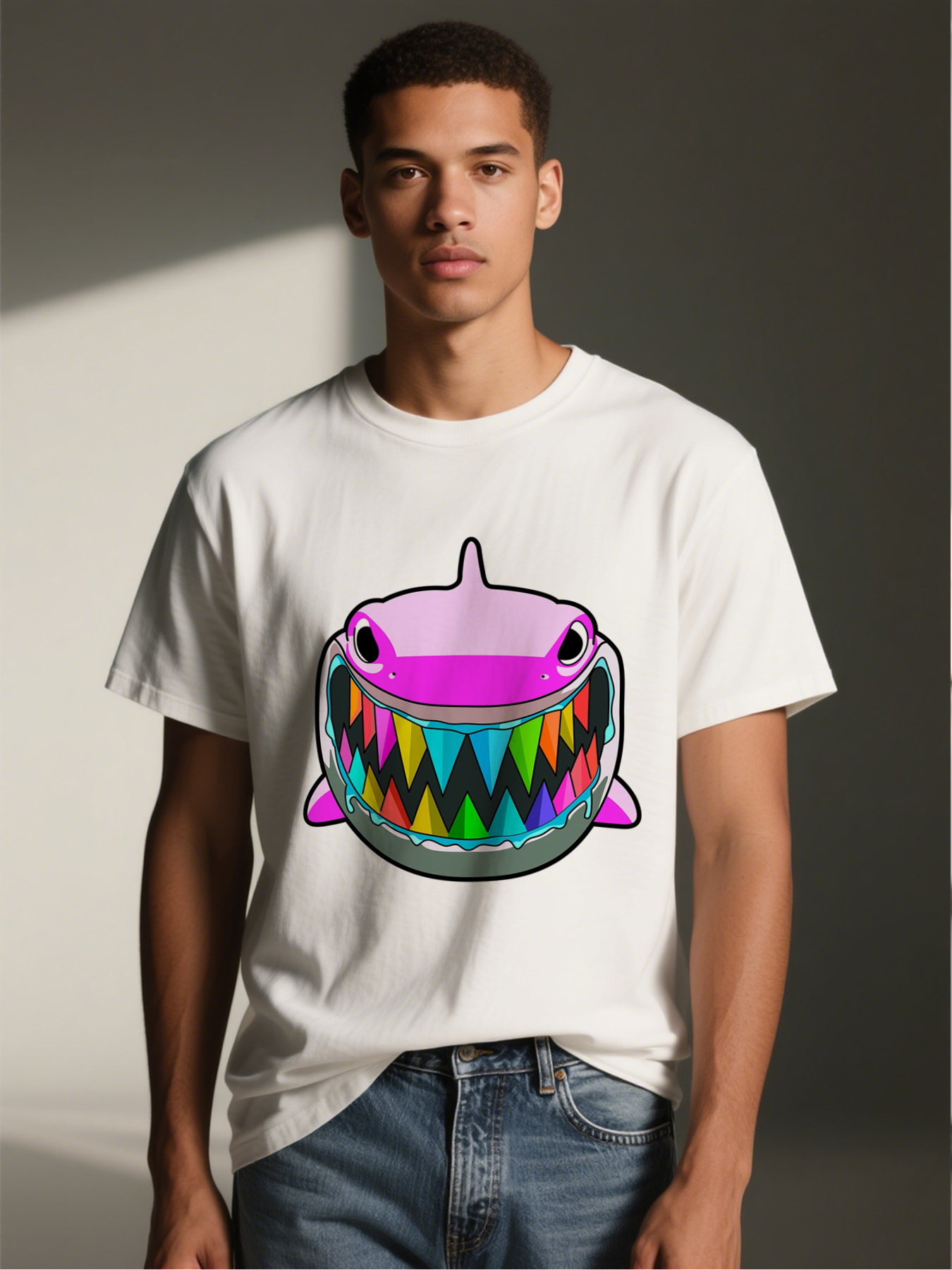 Men's Printed T-Shirt Rainbow Shark Graphic Design Casual Round Neck Summer Lightweight Breathable Short Sleeve T-Shirt for Beach Outdoor Activities Trendy Fashion for Young Adults