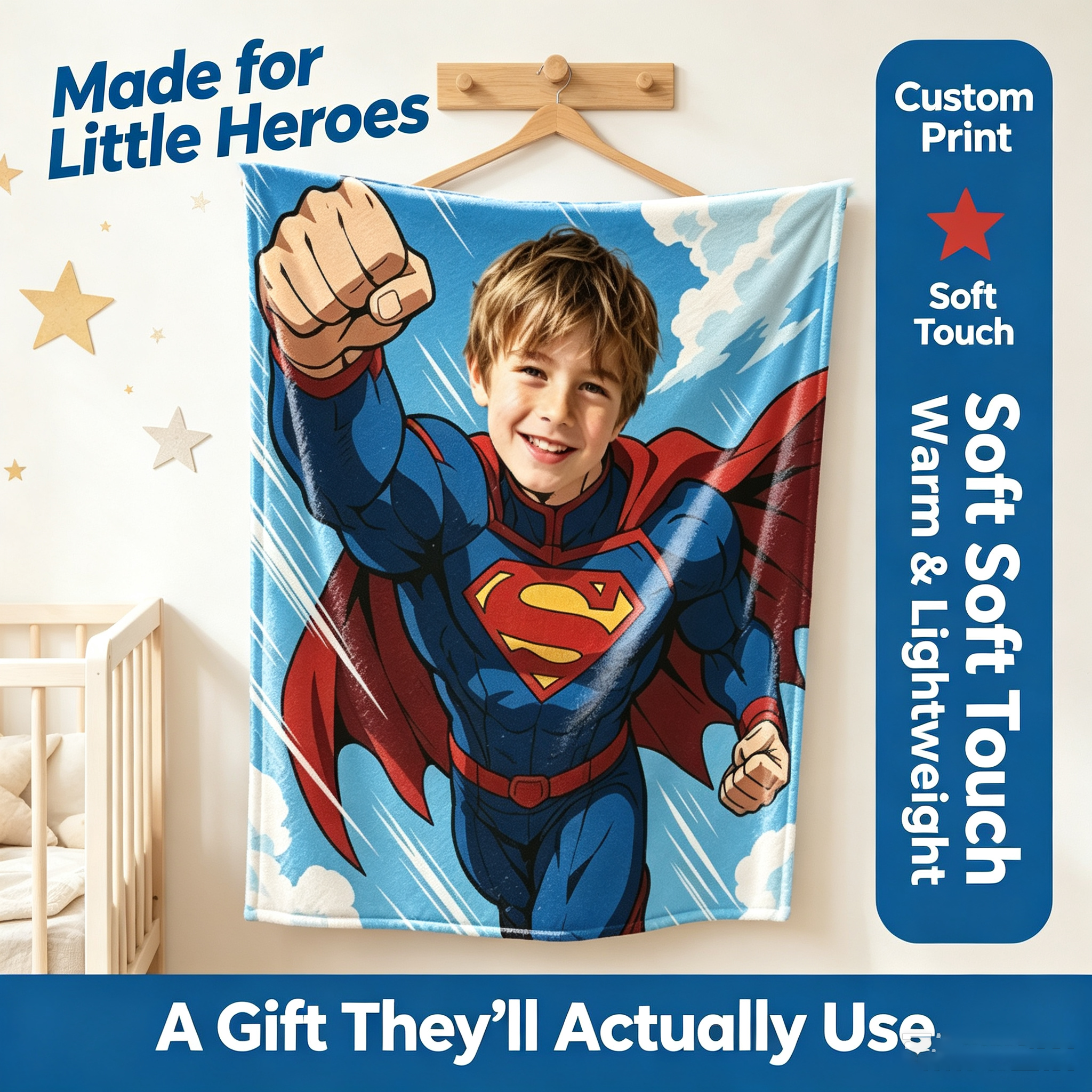 Custom Superman Photo Blanket, Turn Your Boy Into Superman, Personalized Upload Picture Flannel Throw, Unique Kids Birthday Gift