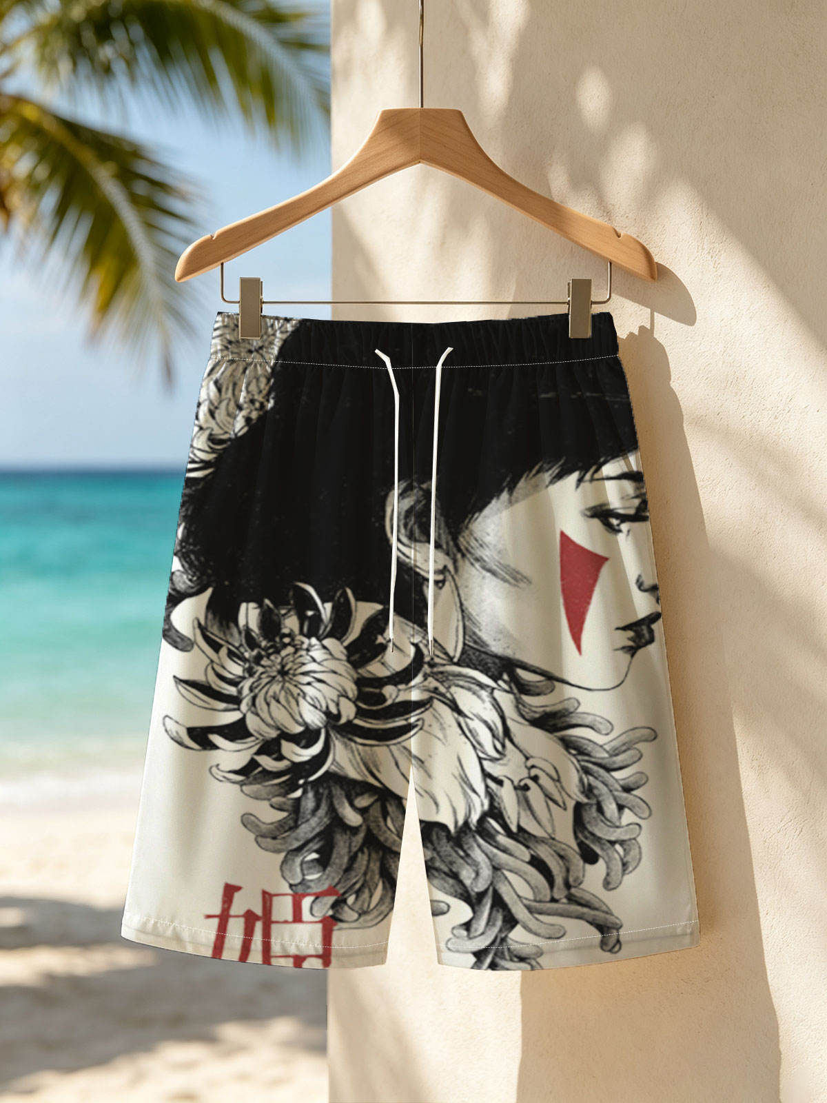 Geisha with Chrysanthemum and Red Accents -  Beach shorts