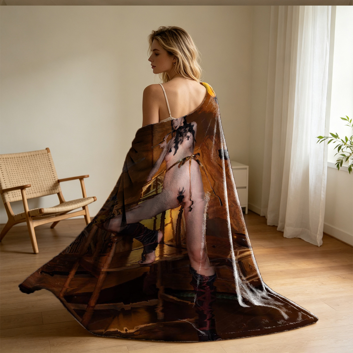 Nude Blonde Woman Kneeling on Couch - Blanket