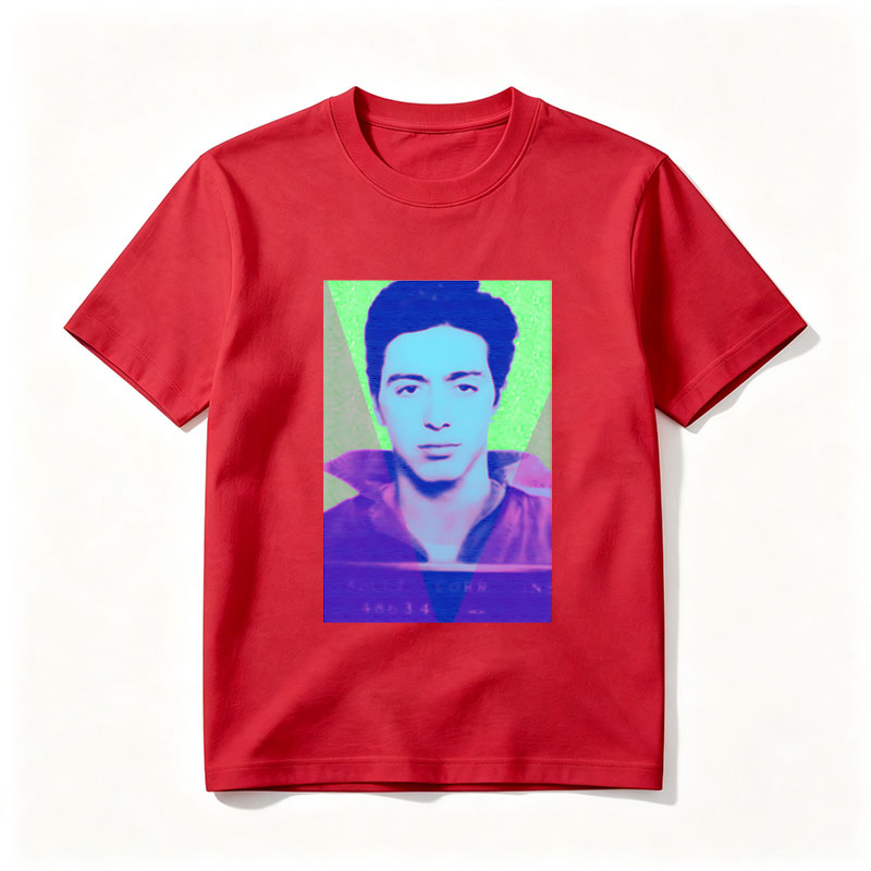 A stylized portrait of a man with vibrant, colorful lighting and geometric overlays. - Tee