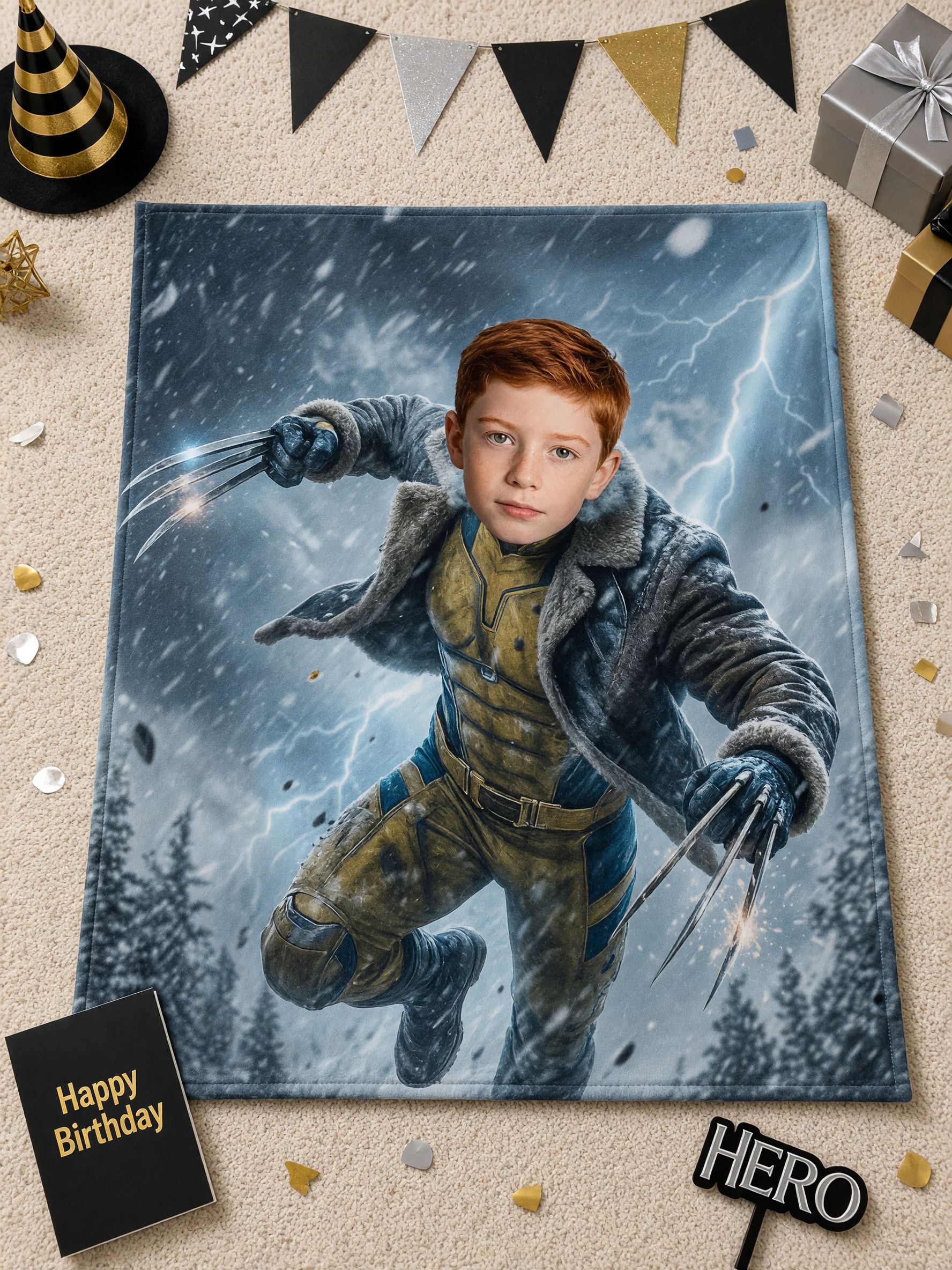 Personalized Face Blanket Custom Photo Superhero Warrior Flannel Fleece Throw, Cozy Bed Couch Travel Gift for Family