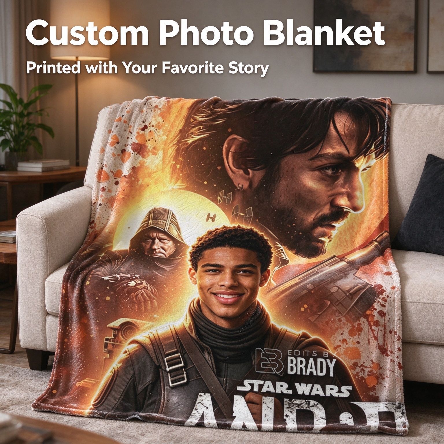 Custom Photo Face Flannel Blanket Personalized Sci-Fi Action Poster Soft Cozy Warm Fleece Throw Blanket Unique Keepsake