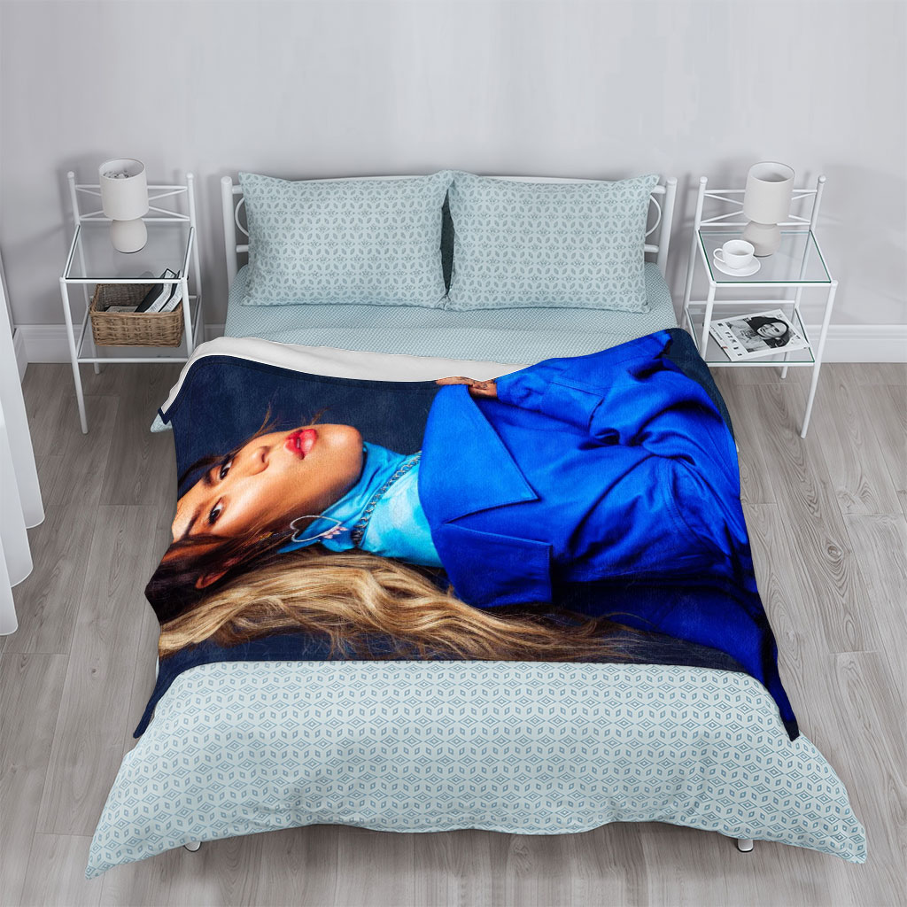 Rita Ora in Bold Blue Fashion Pose Against Dark Background - Blankets