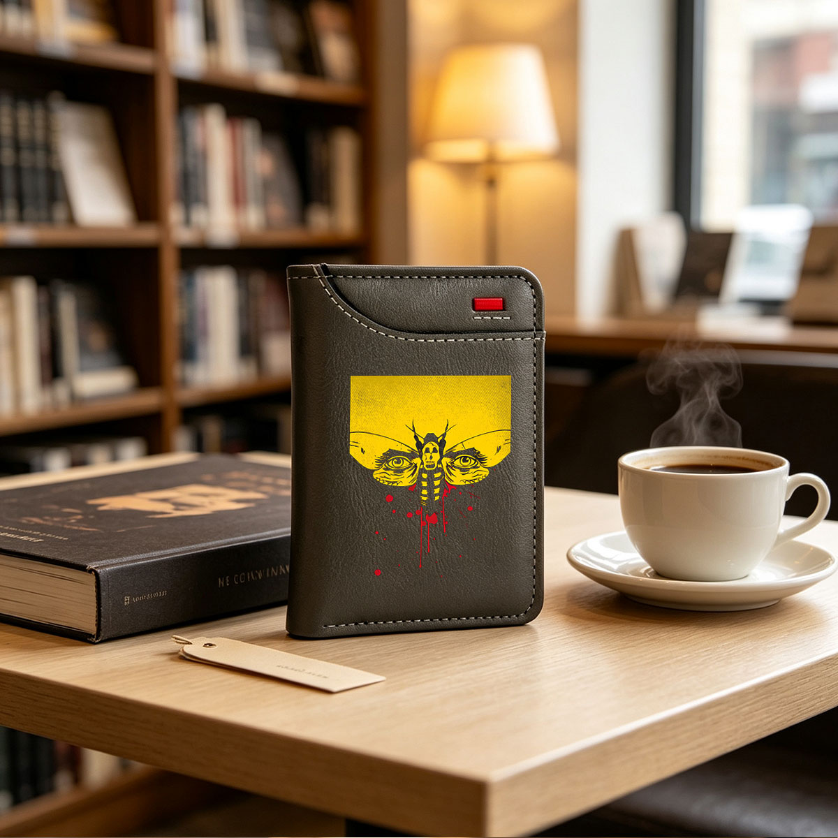 Moth with Skull Face and Blood Drips on Yellow Background - Vertical Style Wallet