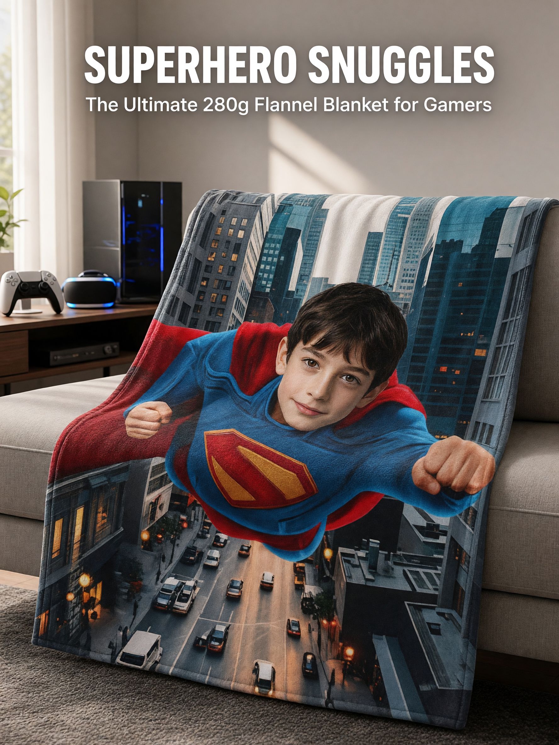 Custom Photo Face Superhero Blanket Personalized Soft Flannel Throw for Kids Bed Couch Traveling Keepsake Gift