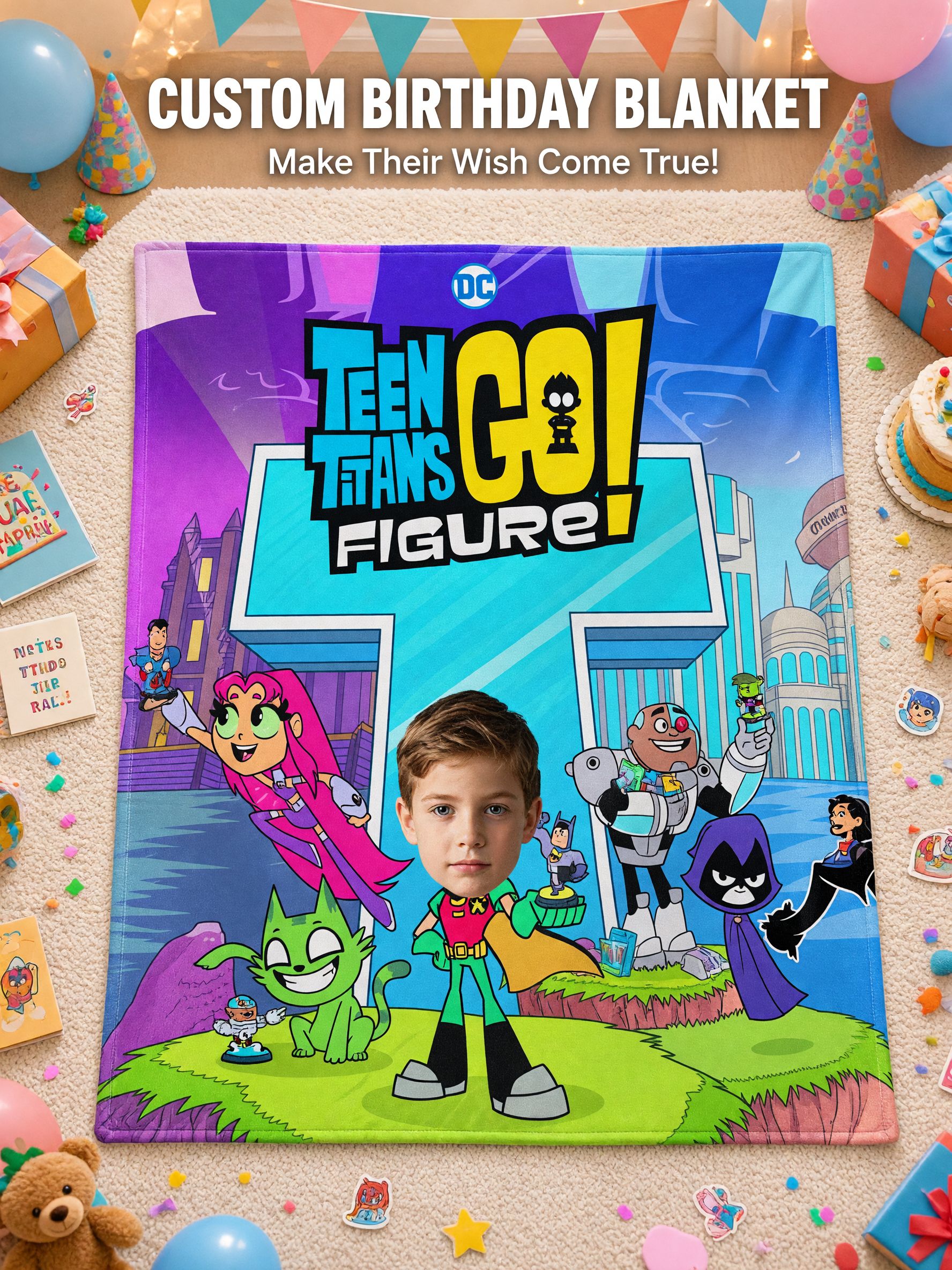 Custom Photo Face Blanket Personalized Superhero Cartoon Flannel Throw Ultra Soft Cozy Fleece Gift for Kids and Teens