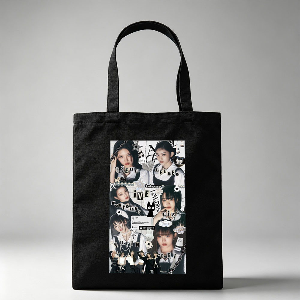 IVE Members in a Stylish Collage Featuring Fashion, Music Notes, and Cute Icons - Canvas tote bags