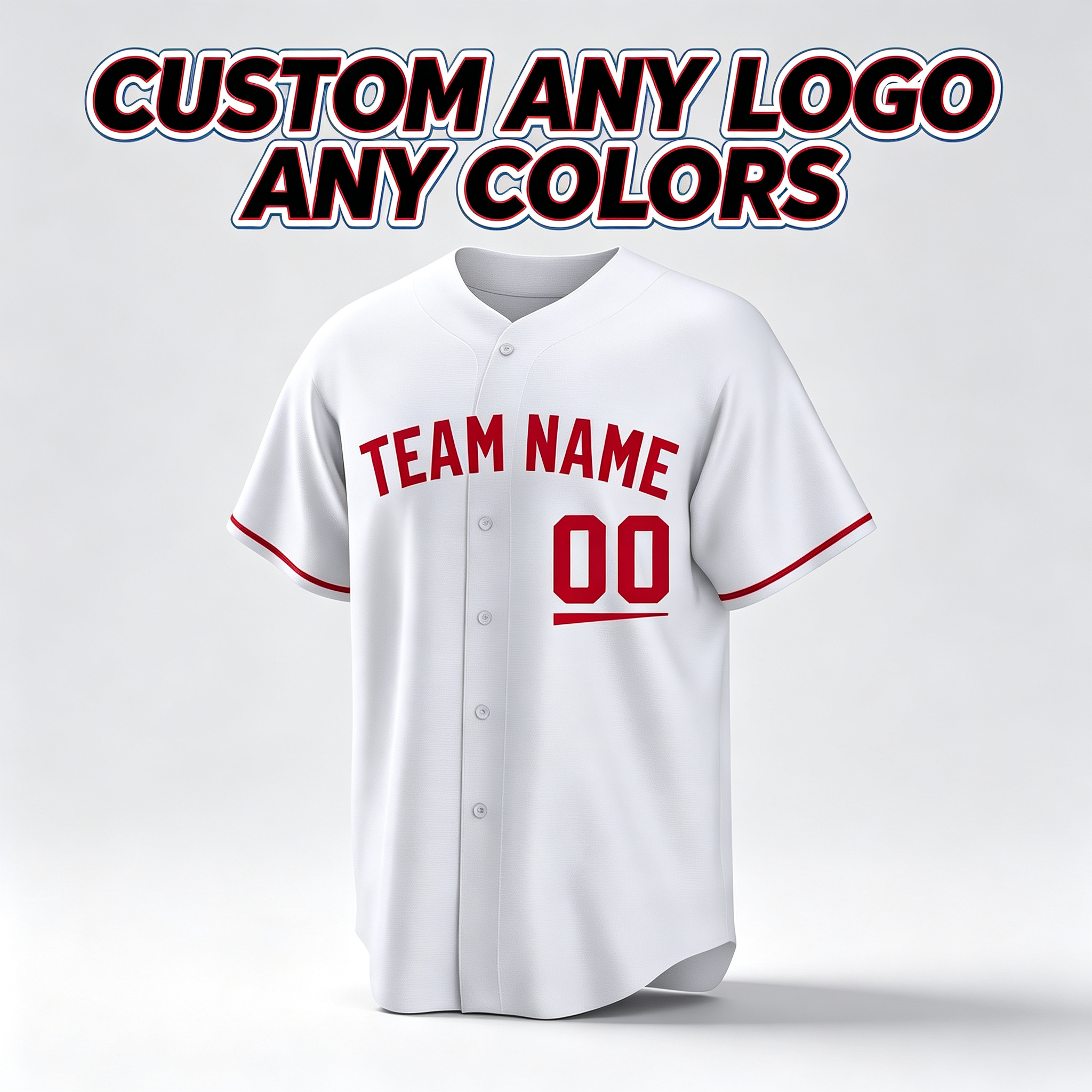 Custom Printed Cincinnati Style Baseball Jersey White Red Trim Button Down Shirt for Men and Women