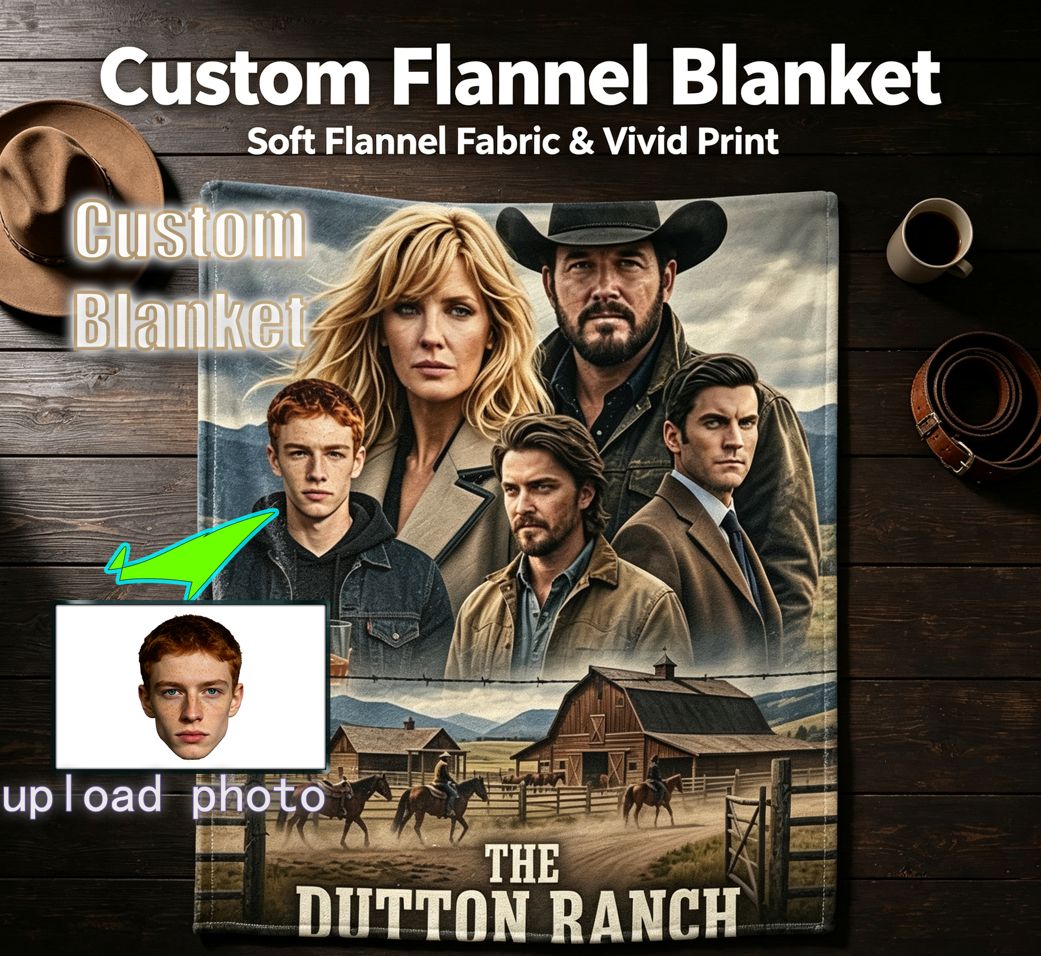 Custom Face Blanket The Dutton Ranch Flannel Blanket Western TV Show Fan Gift for Cowgirl and Cowboy Lovers Home Decor or Cozy Bedding Present