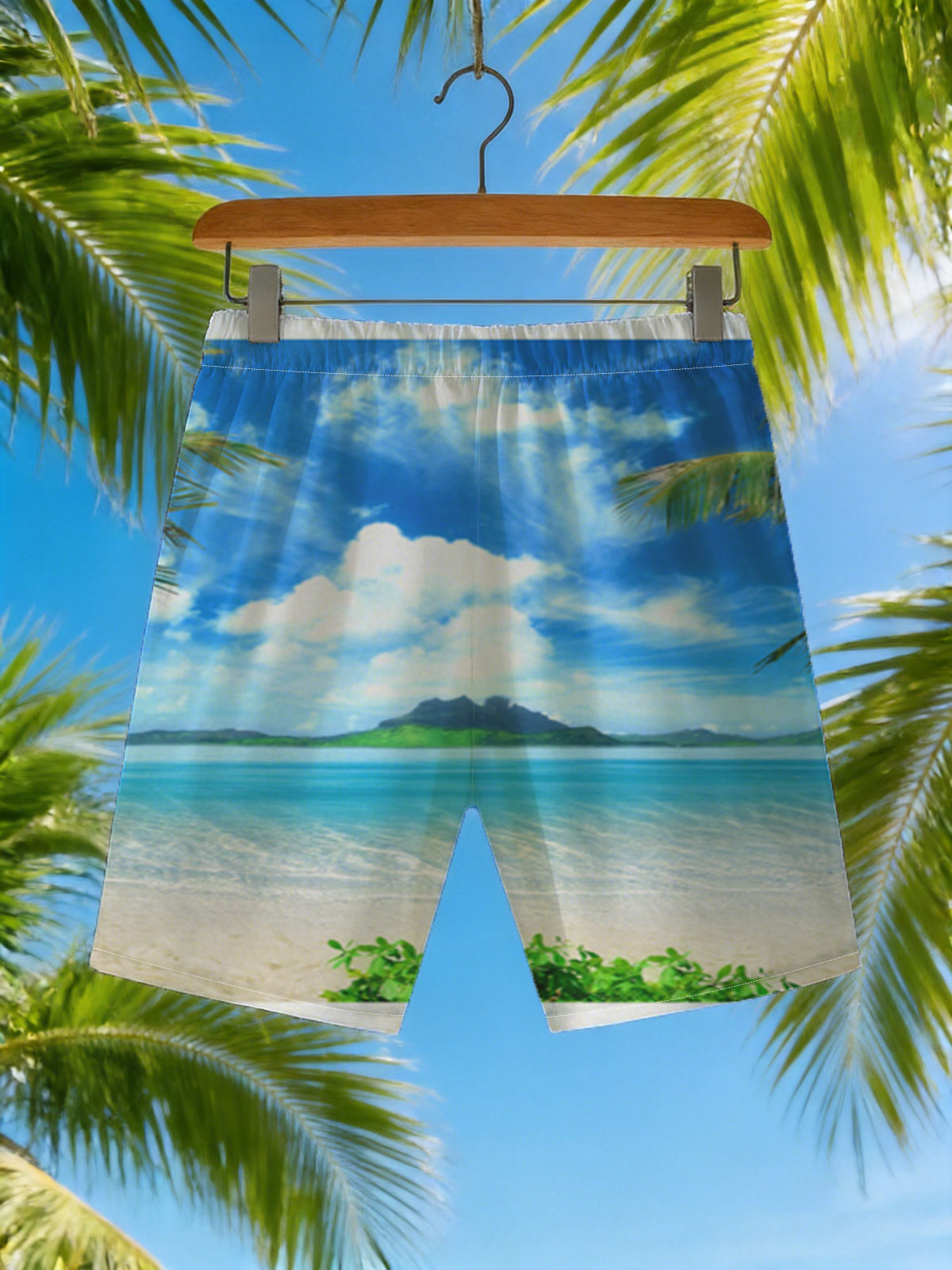 Tropical Beach with Crystal Clear Water and Lush Greenery -  Beach shorts