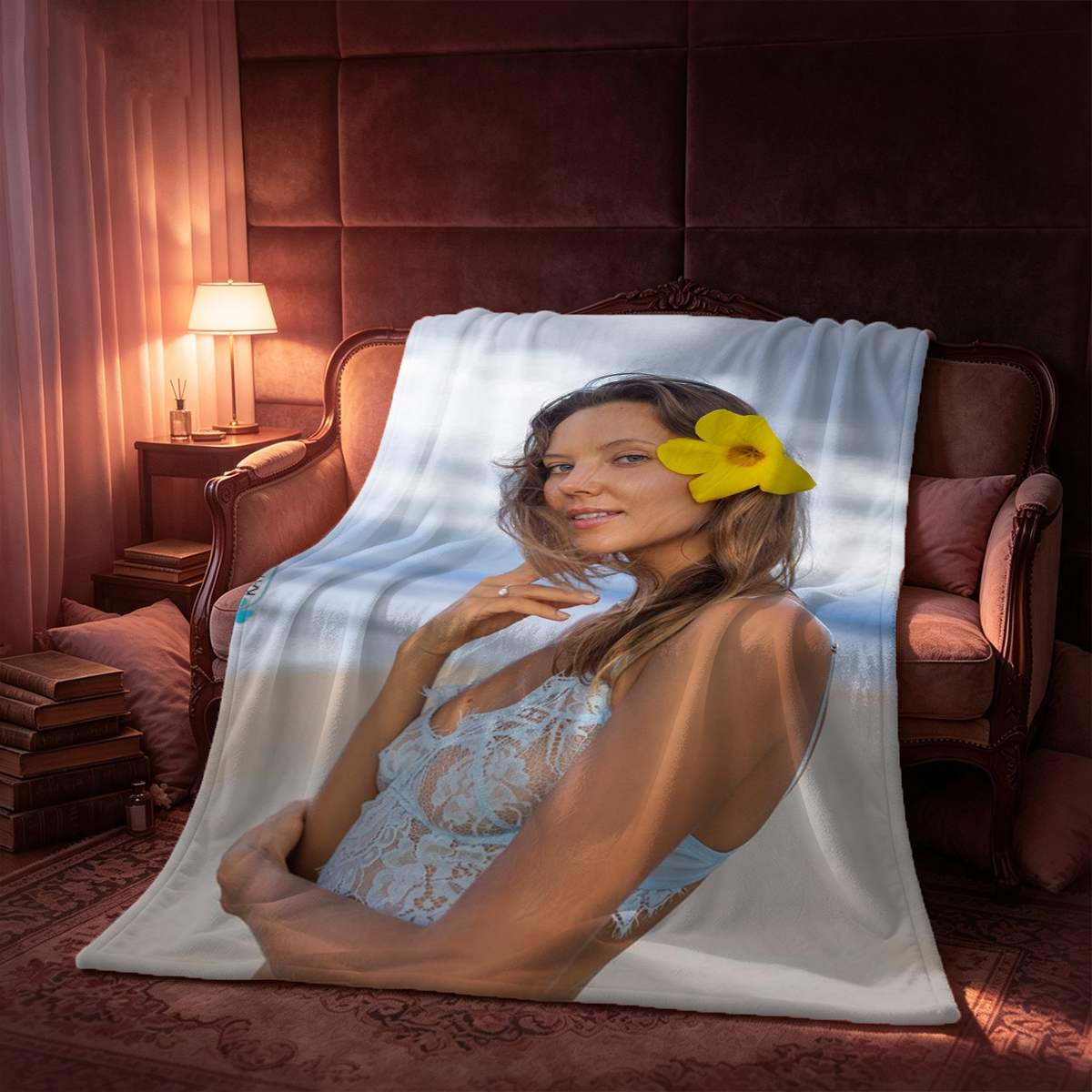 A woman in a white halter monokini and black stockings posing seductively indoors. - Blanket