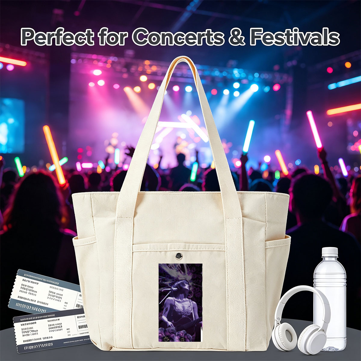Bj?rk Performing with Guitar in Purple Floral Scene - Multi-pocket bags