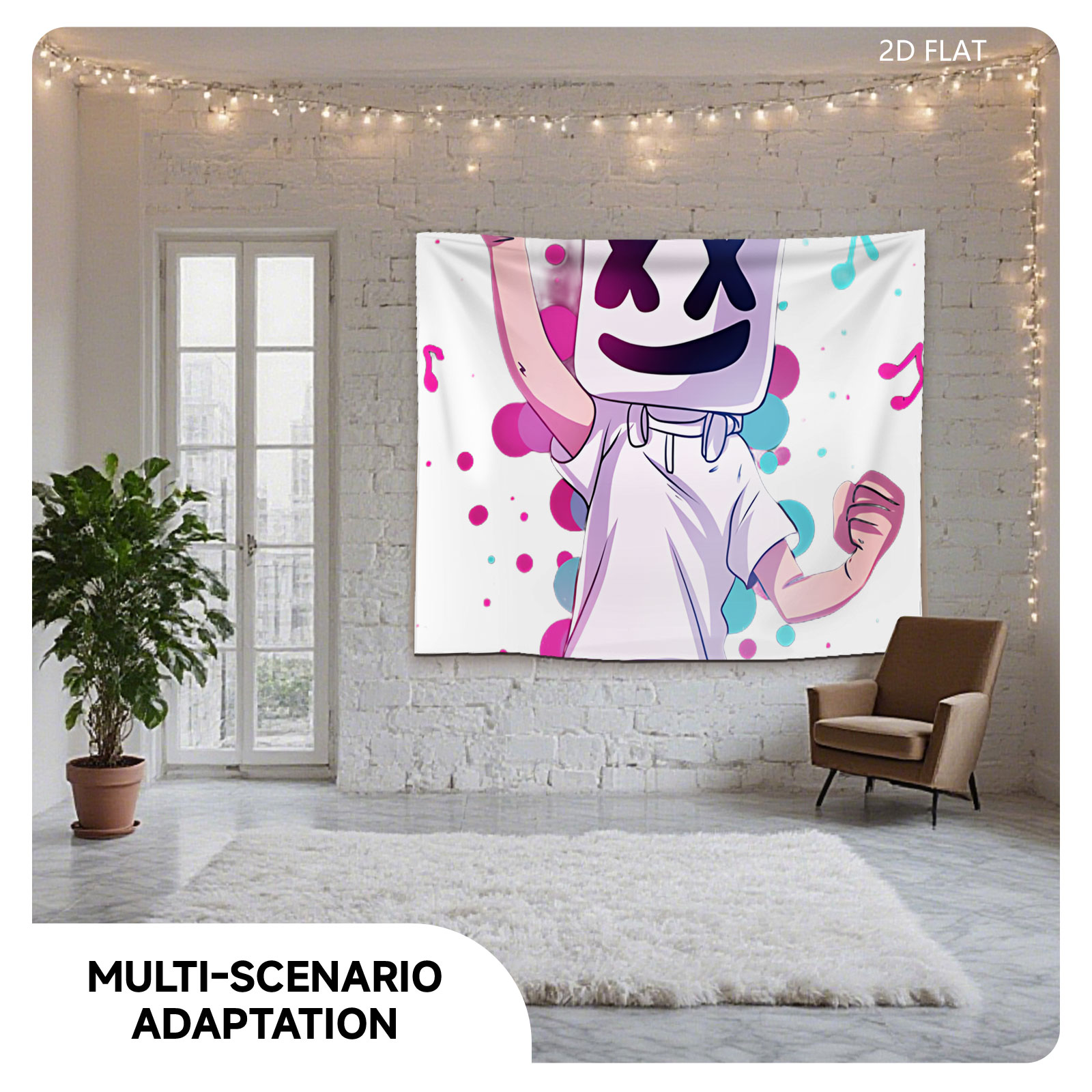 Marshmello Performing with Microphone, Music Notes, and Colorful Background - Tapestry