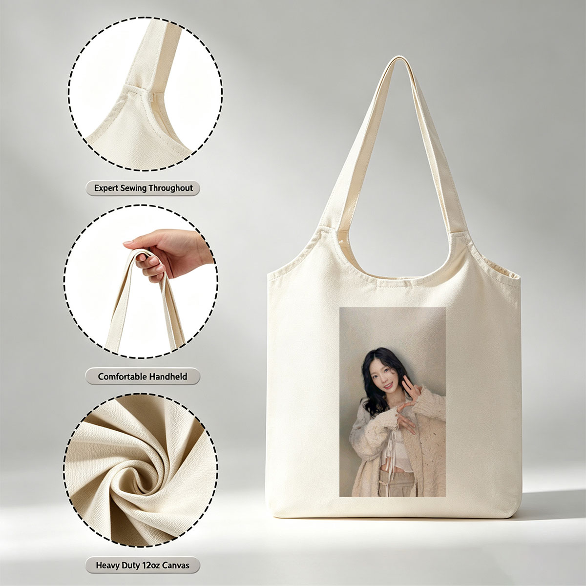 Lee Su-jeong in a Cozy Outfit Making a Peace Sign Pose - Canvas shoulder bags/