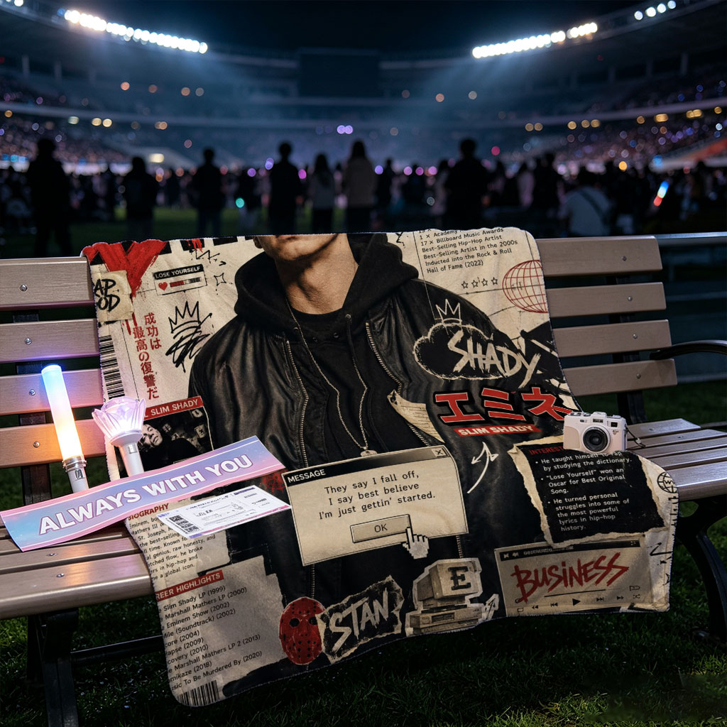 Eminem on a vibrant magazine cover featuring bold red text, career highlights, and iconic album references. - Blankets