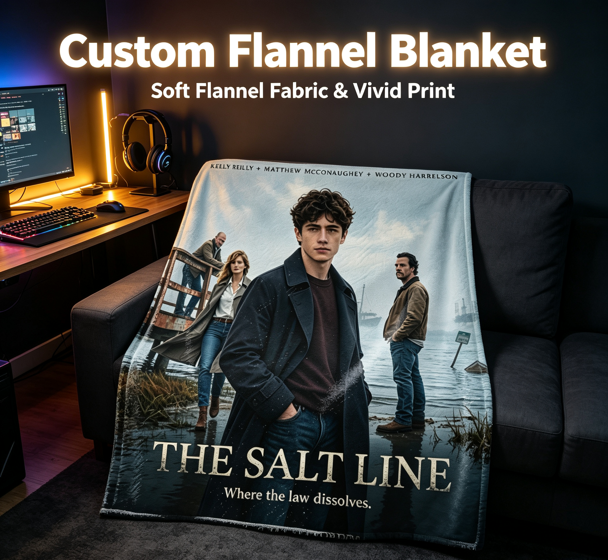 Custom Face Blanket The Salt Line Movie Poster Flannel Blanket Perfect for Fans of Kelly Reilly Matthew McConaughey and Woody Harrelson Ideal for Home Decor or Gift Giving