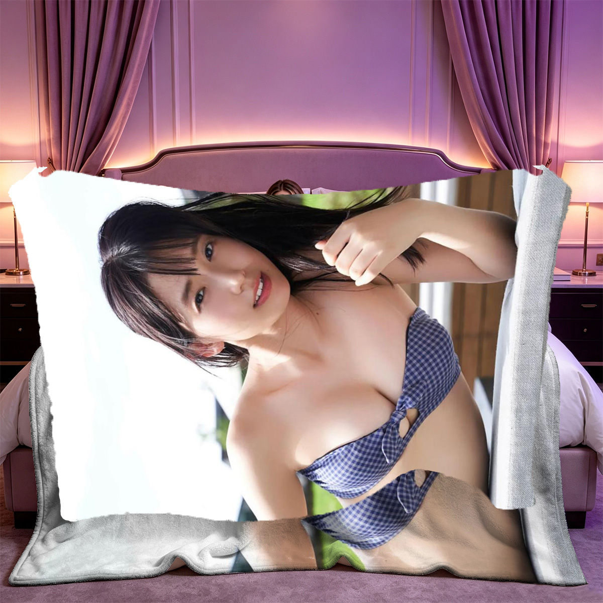 Geisha in Spider Lace Lingerie Smoking Pipe on Wooden Chair - Blanket