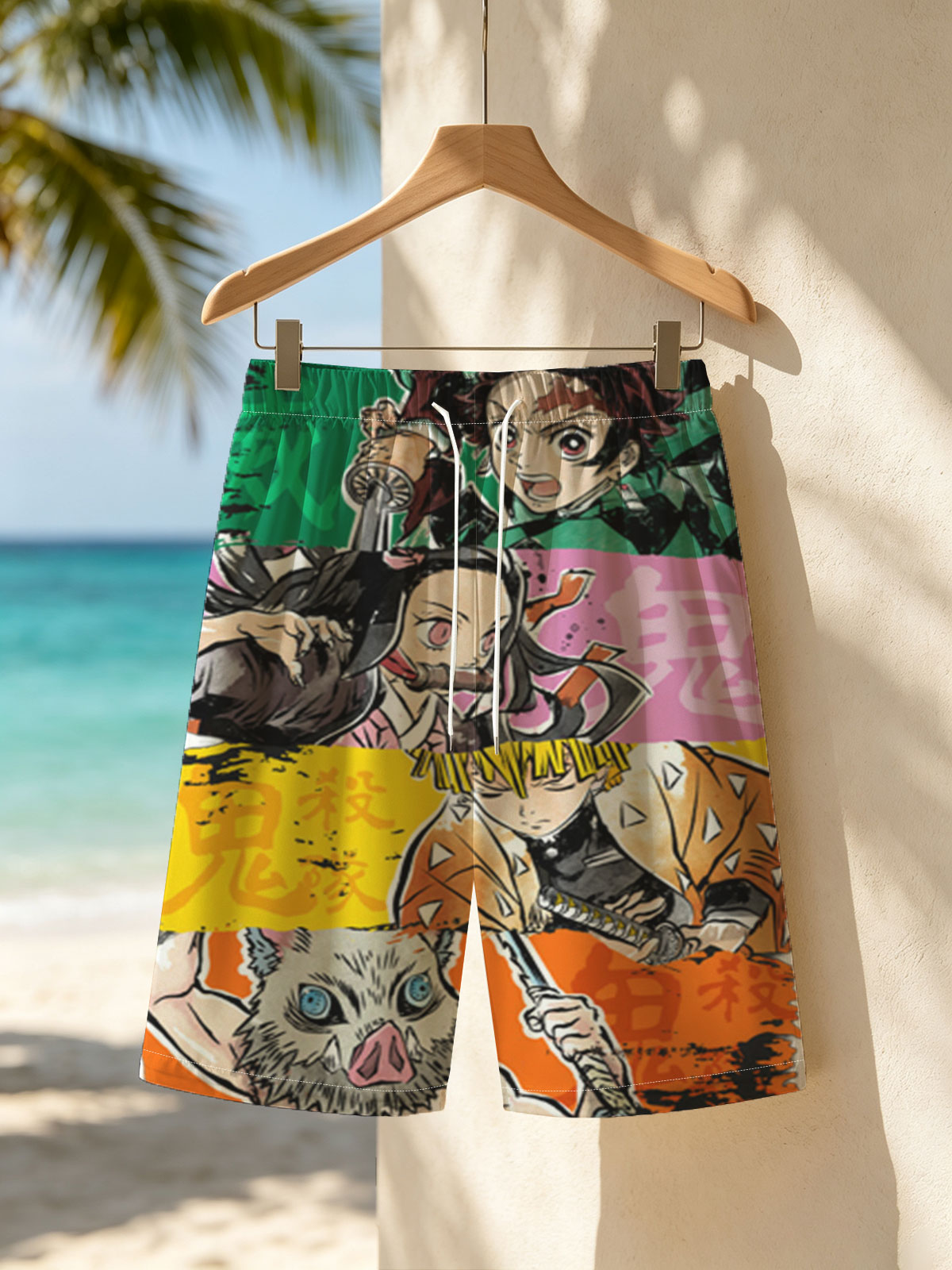 Demon Slayer: Tanjiro, Nezuko, Zenitsu, and Inosuke in Action -  Beach shorts