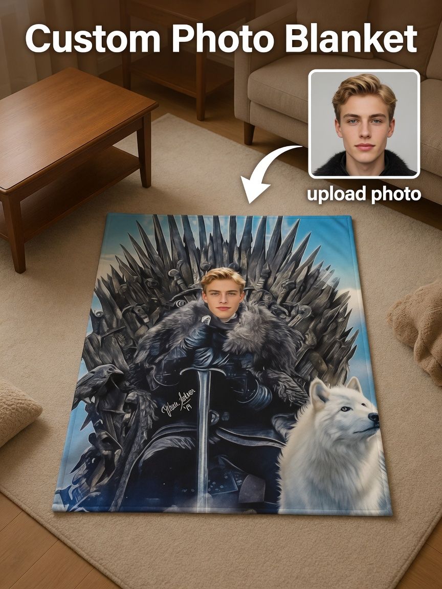 Custom Face Photo Flannel Blanket Personalized Fantasy Warrior Throne Throw Ultra Soft Anti-Pilling Cozy Gift for Couch
