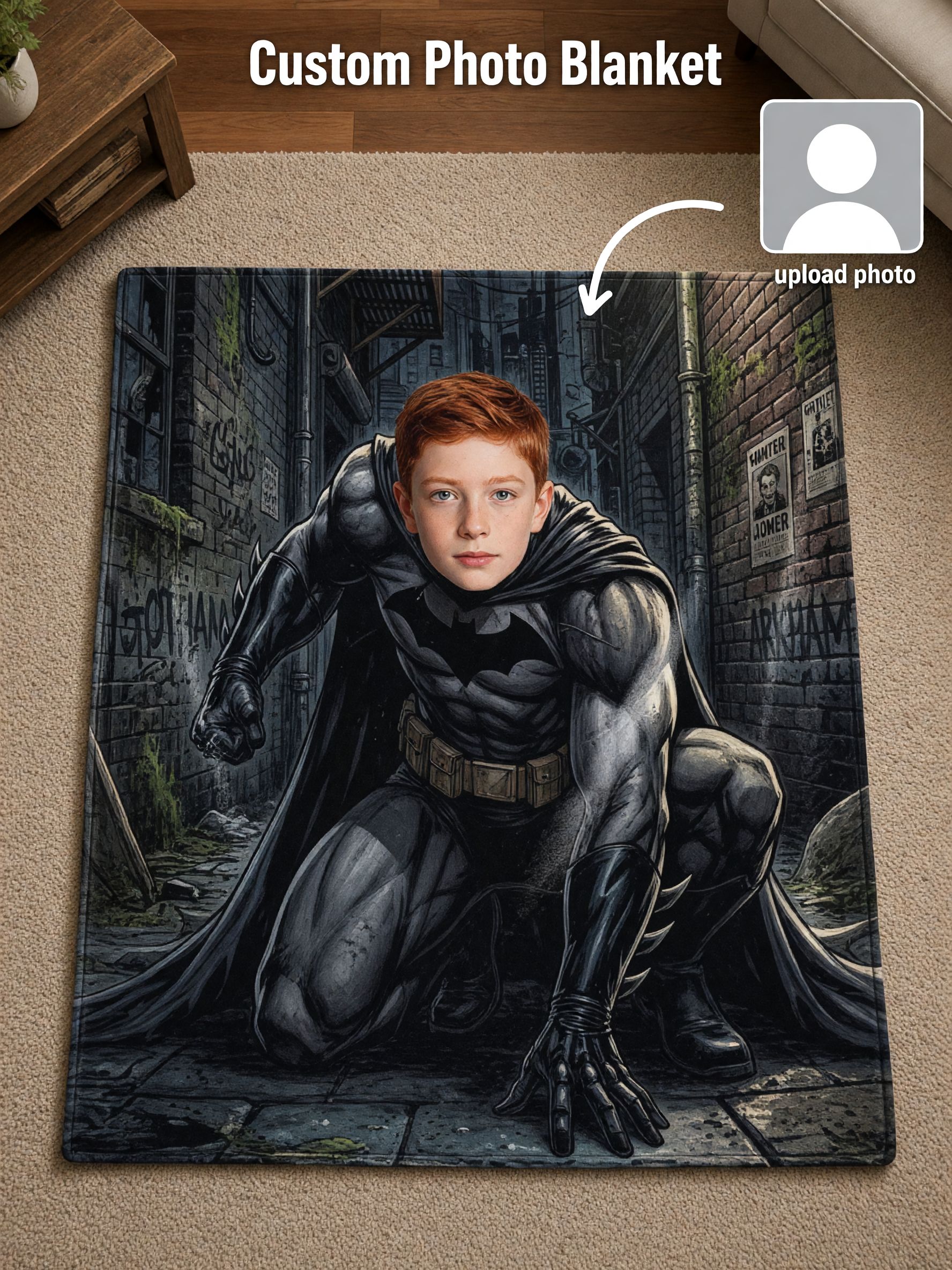 Custom Superhero Photo Fleece Blanket Personalized Face Graphic Soft Flannel Throw for Kids Adults Cozy Home Gift