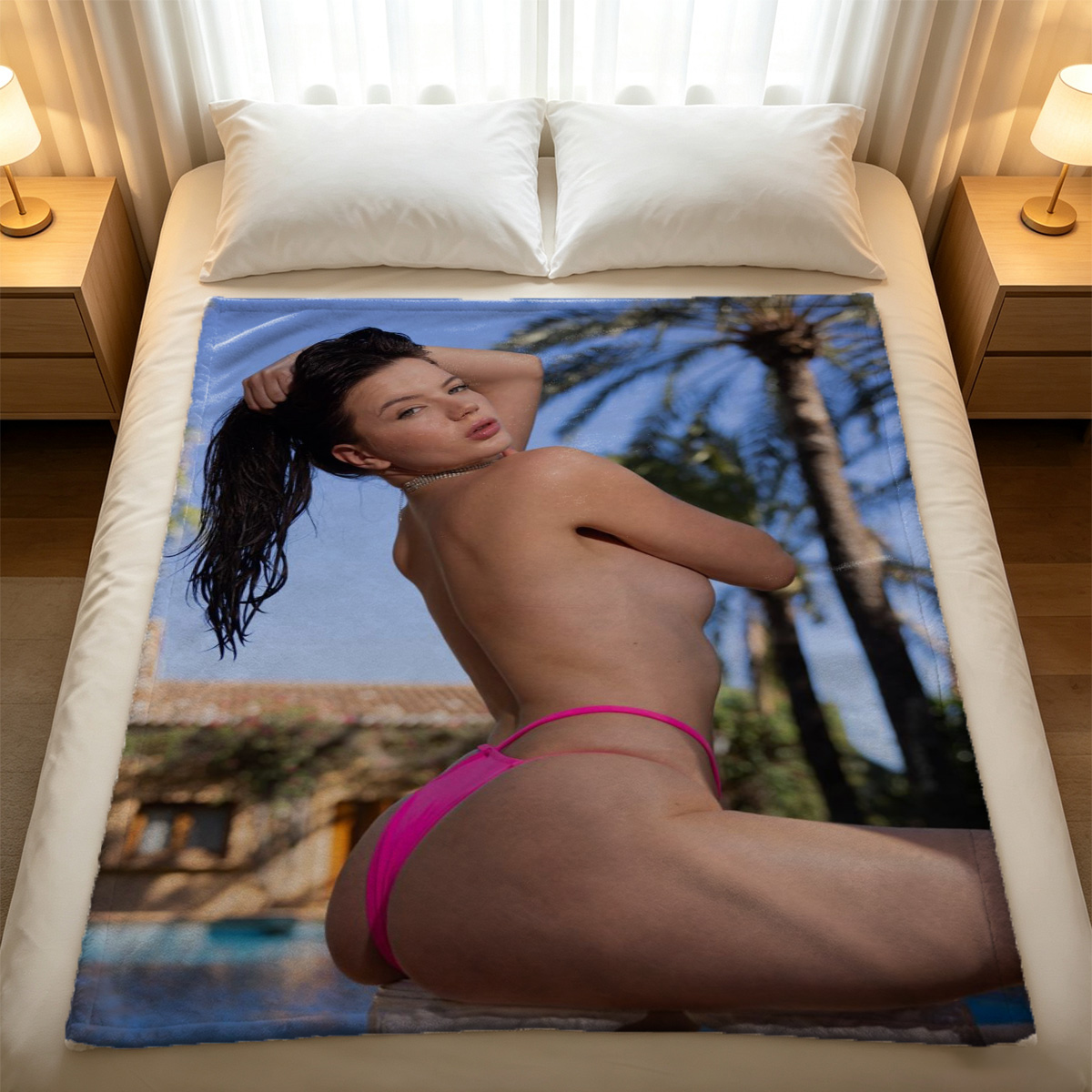 Nude Brunette Posing Seductively on Bed - Blanket