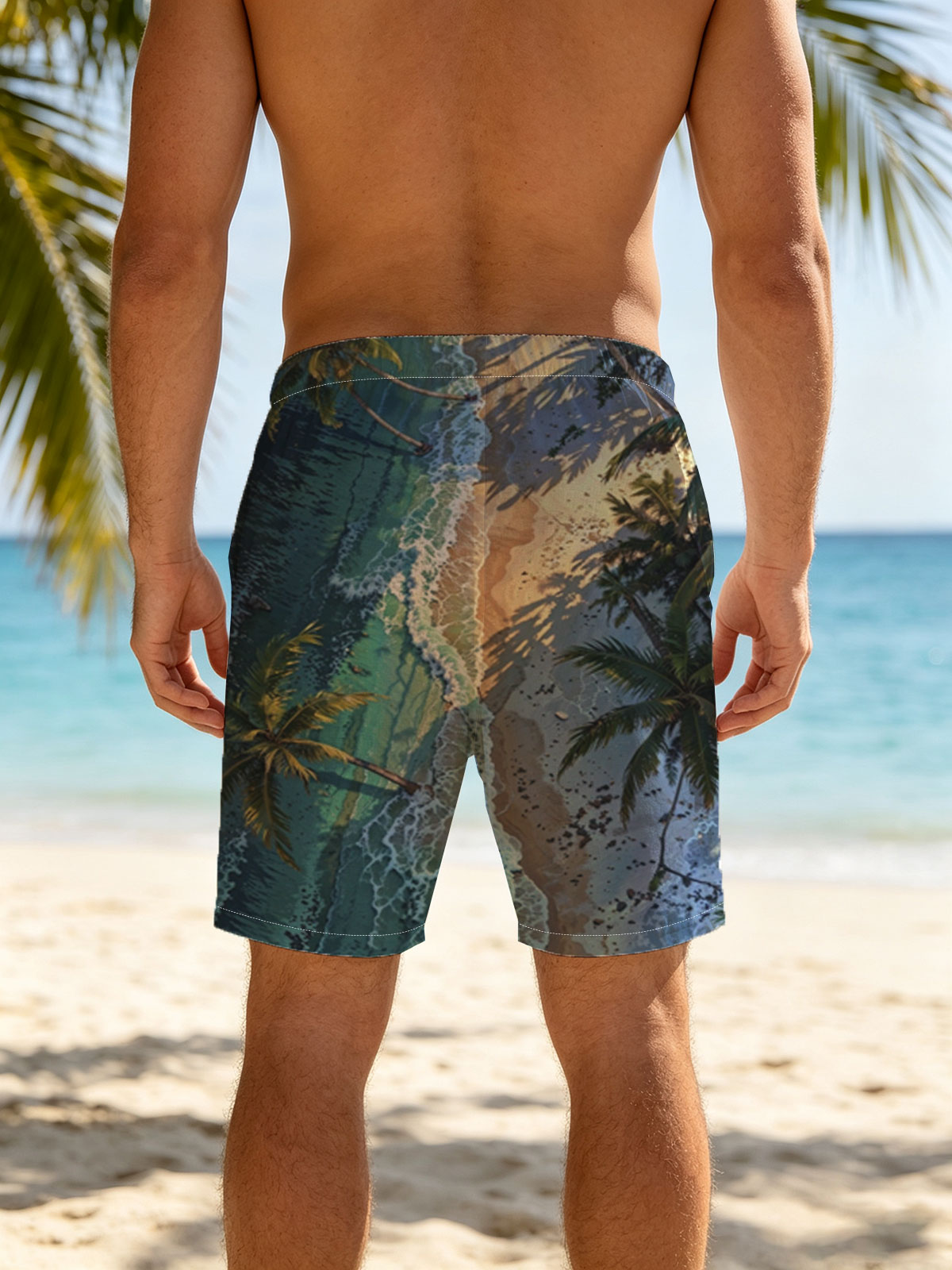 Tropical Beach with Palm Trees and Crystal Clear Waves -  Beach shorts