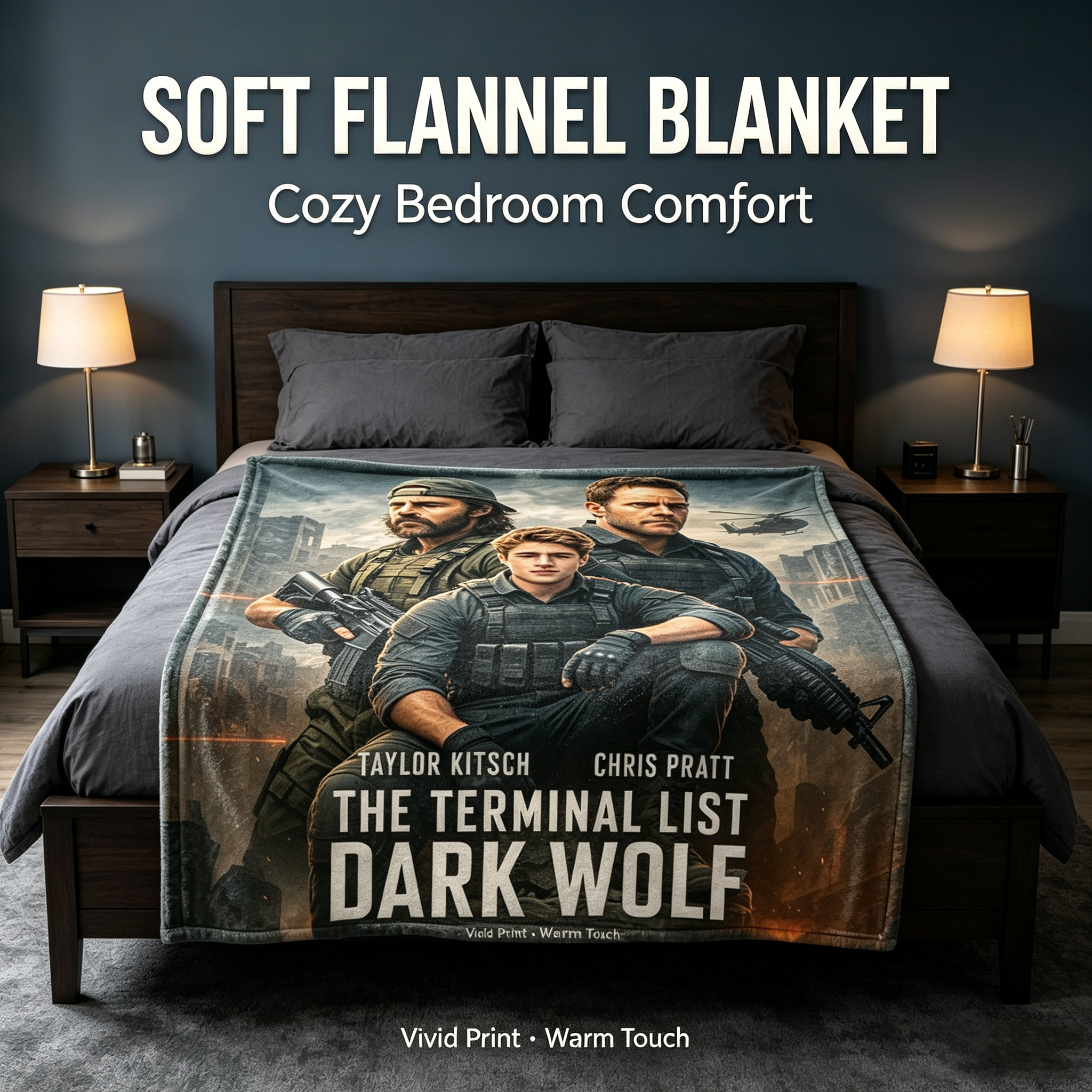 Custom Face Blanket The Terminal List Dark Wolf Flannel Blanket Military Action Movie Theme Cozy Bedding Gift for Fans of Taylor Kitsch Chris Pratt and War Thrillers